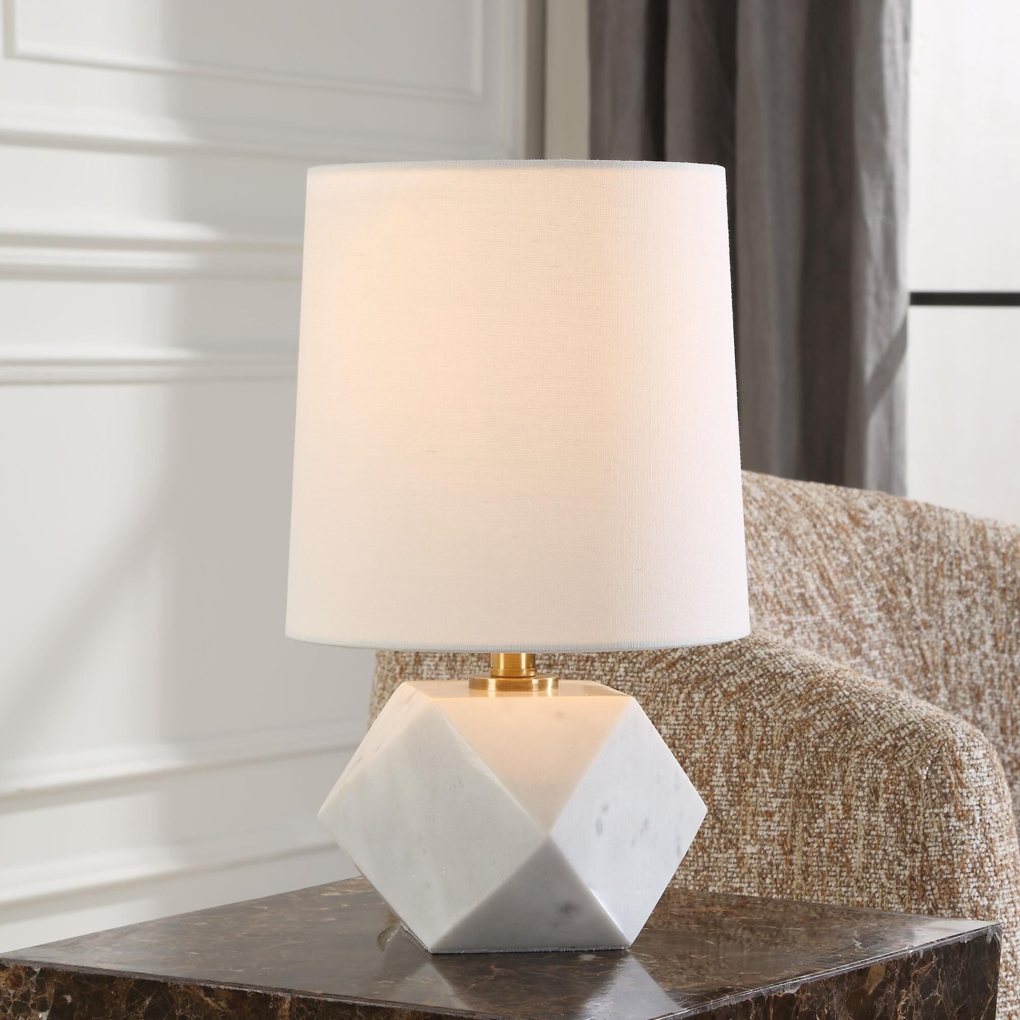 Shown in Featuring A Faceted Design, A Cut Above Table Lamp Is Crafted From White Marble With Subtle Veining  finish and Round Hardback shade