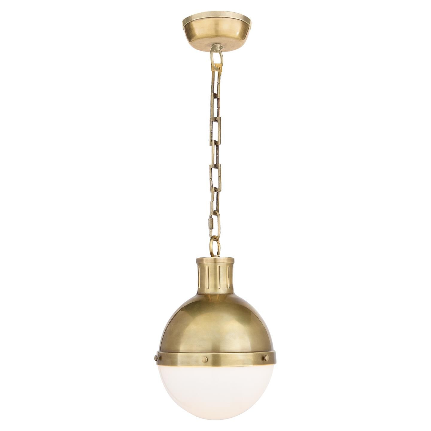 Shown in Hand-Rubbed Antique Brass finish and White glass