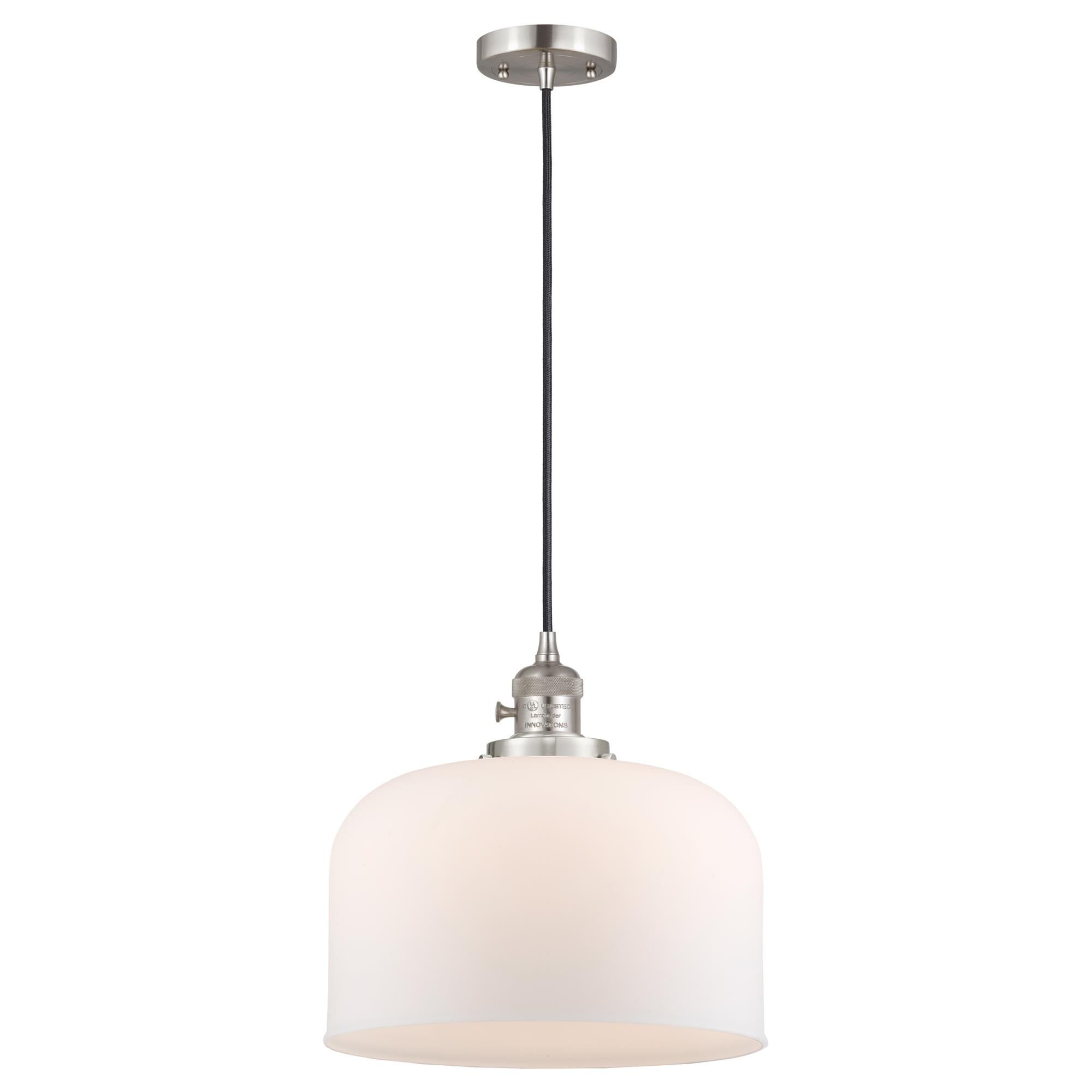 Shown in Brushed Satin Nickel finish and Matte White Cased glass