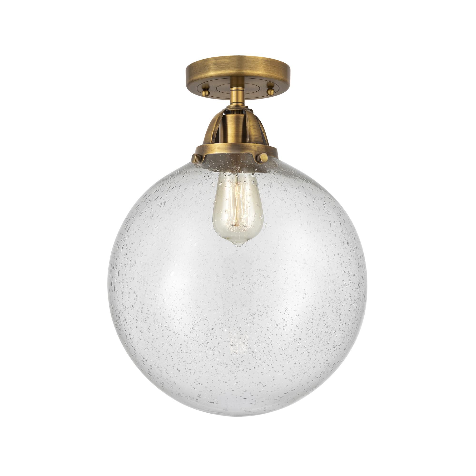 Shown in Brushed Brass finish and Seedy Globe glass and No Shade shade