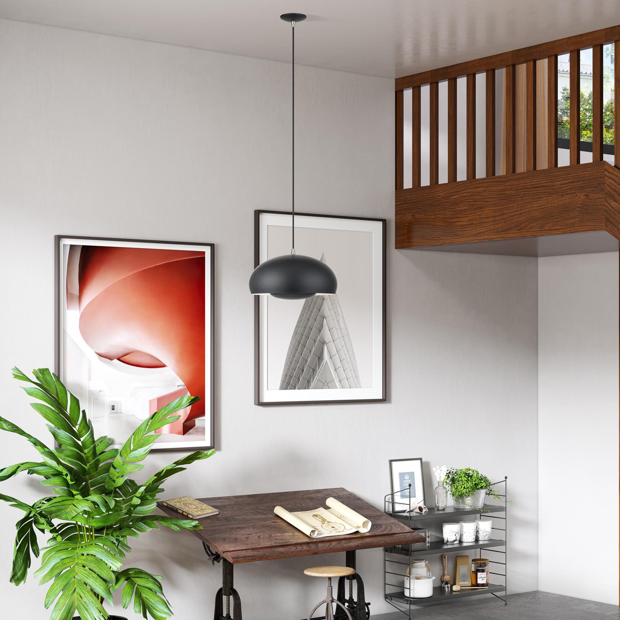 Shown in Black with Brushed Nickel Accents finish and Black Steel with Shiny White Inside shade