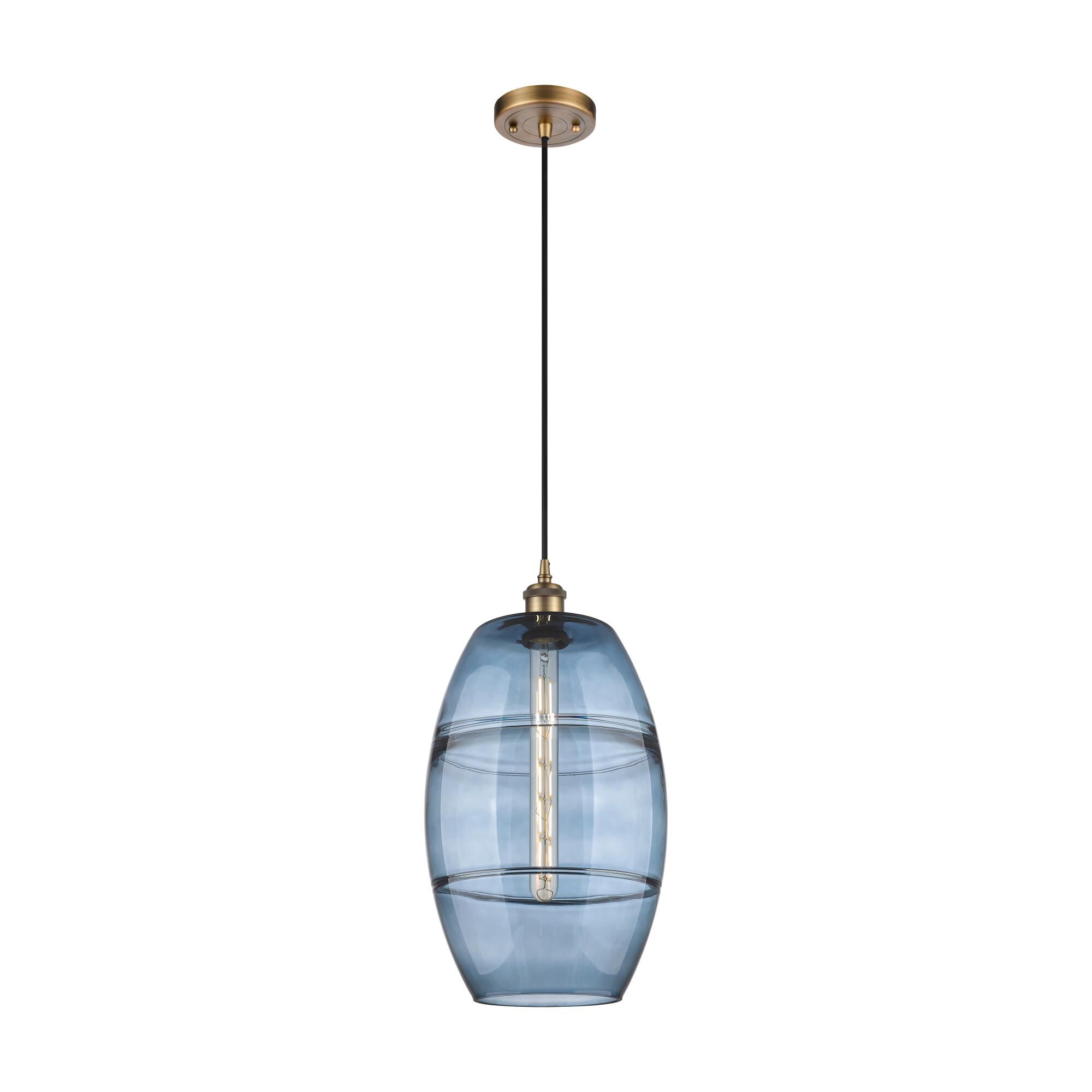 Shown in Brushed Brass finish and Princess Blue glass