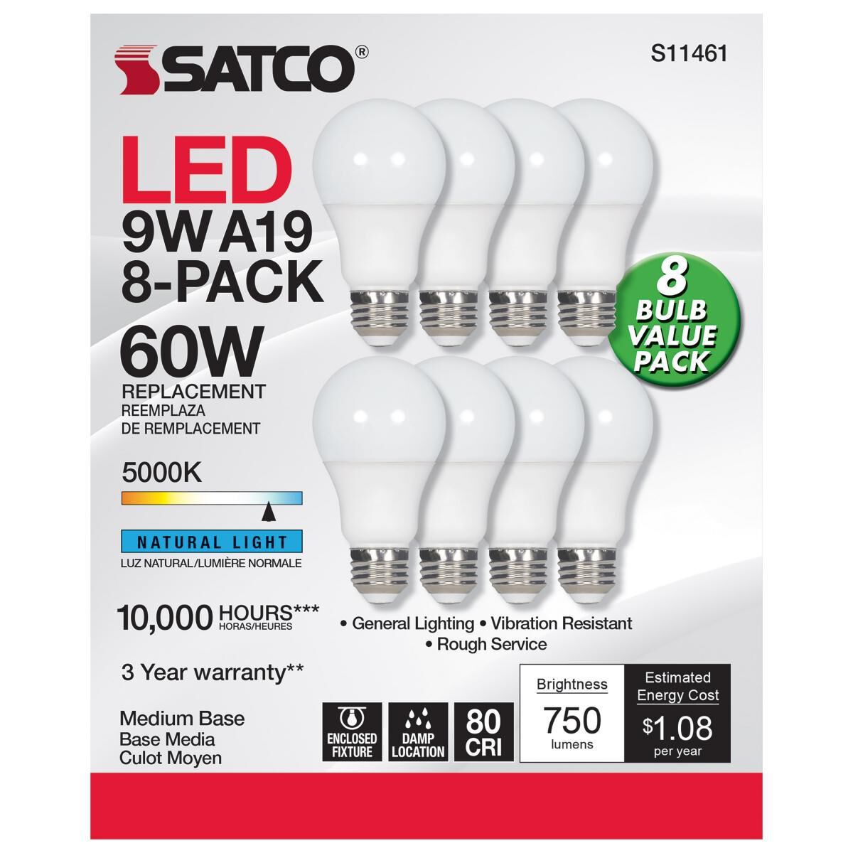 9 Watt 5000K A19 LED Light Bulb by Satco