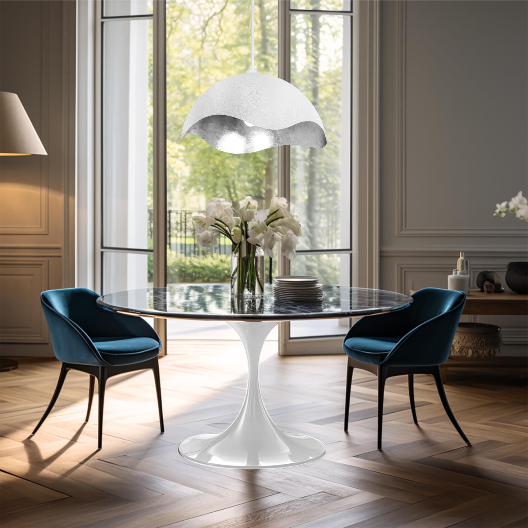 Shown in Textured White with Silver Leaf Inside finish