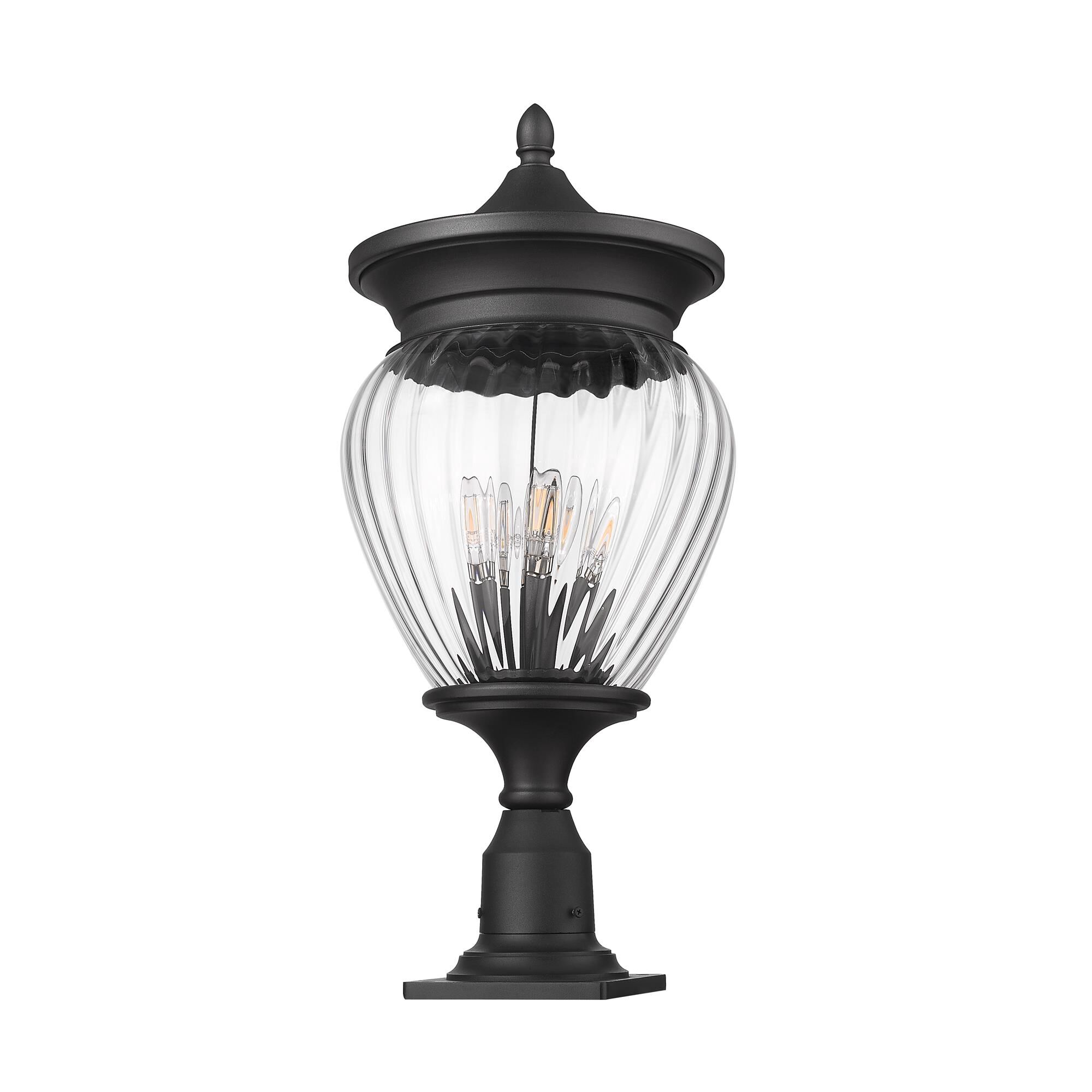 Shown in Black finish and Clear Ribbed glass and Clear Ribbed shade