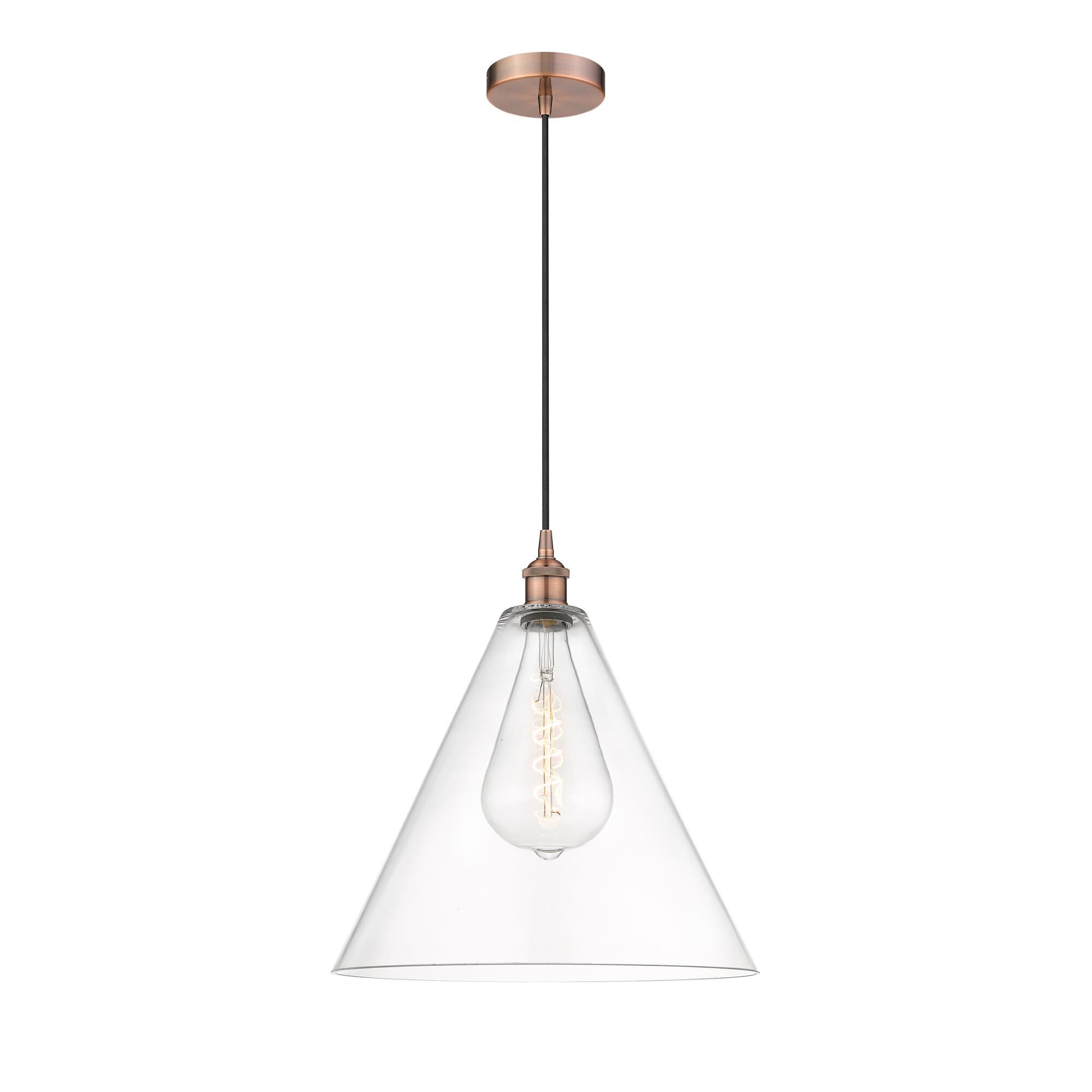 Shown in Antique Copper finish and Cased Matte White Edison Cone glass