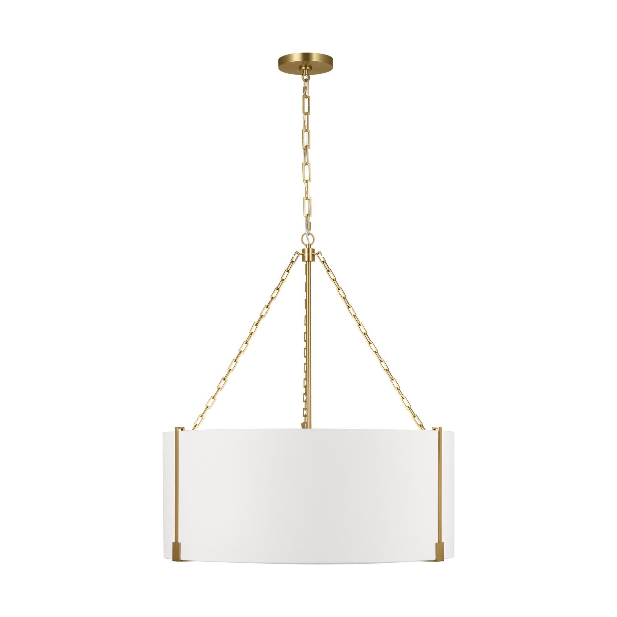 Shown in Burnished Brass finish and White Linen shade