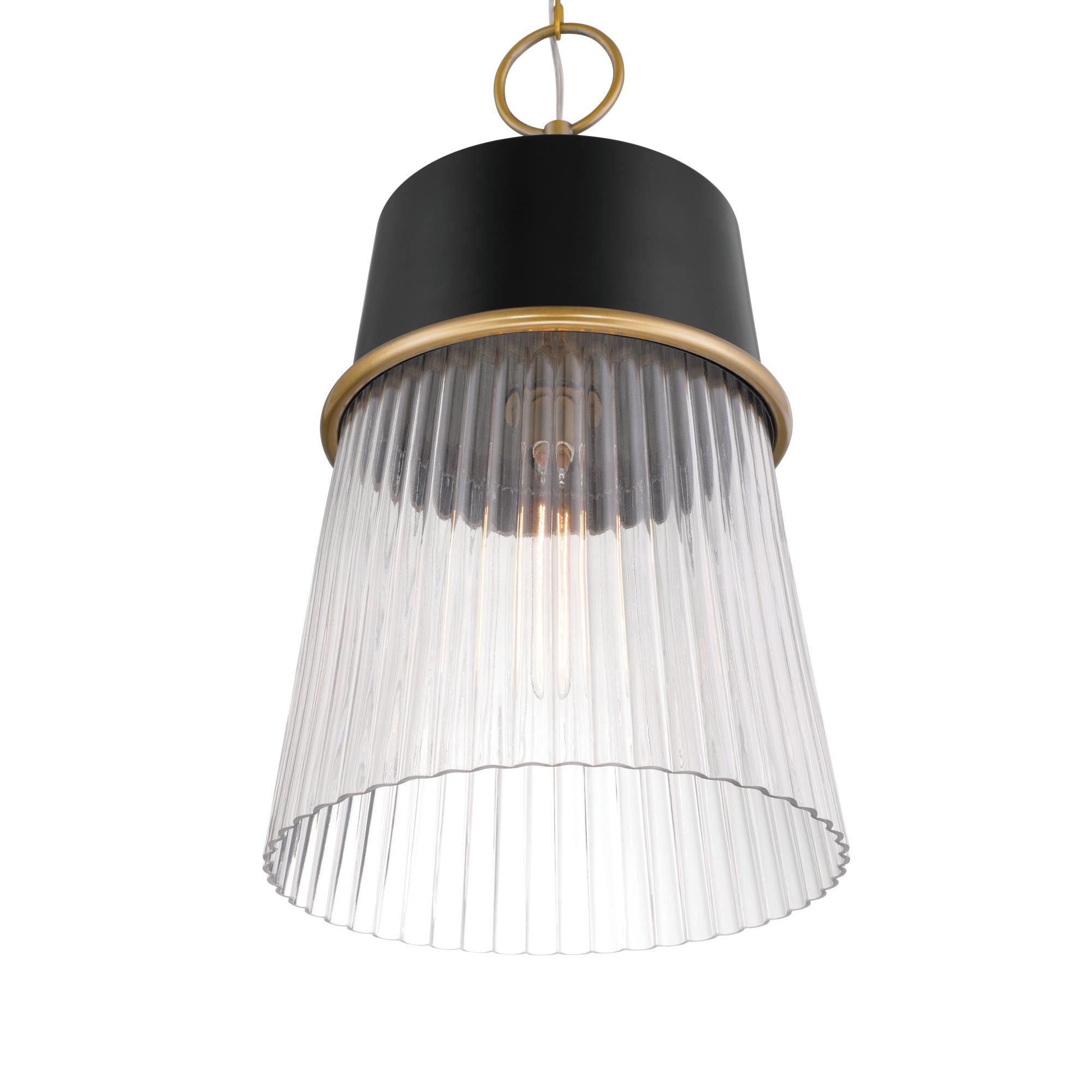 Shown in Legacy Brass & Dark Matte Blac finish and Clear glass and Ribbed Glass shade