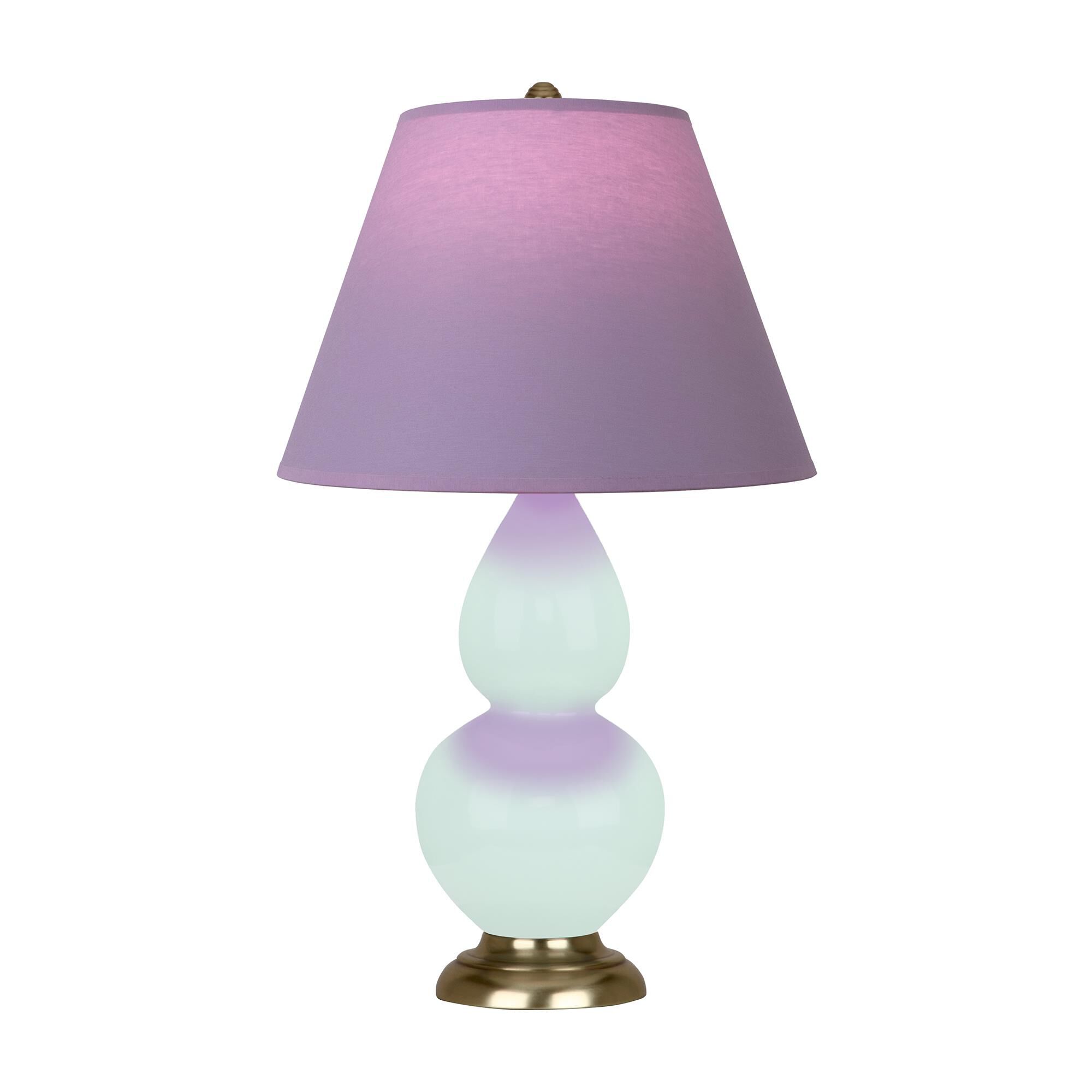 Shown in Mint Glazed finish and Lavender with Plum Lining shade and Antique Brass accent