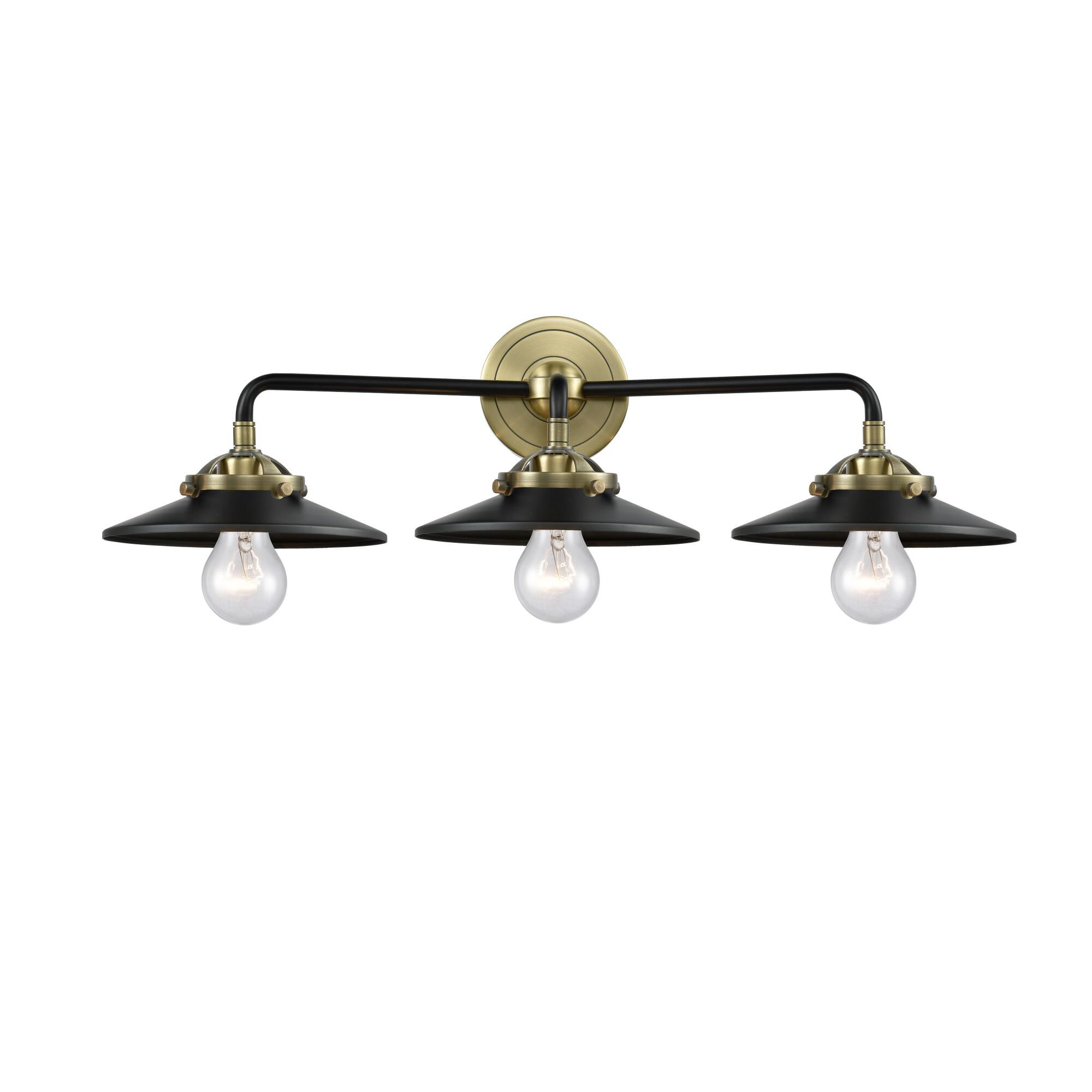 Shown in Black Antique Brass finish and Metal - Matte Black shade