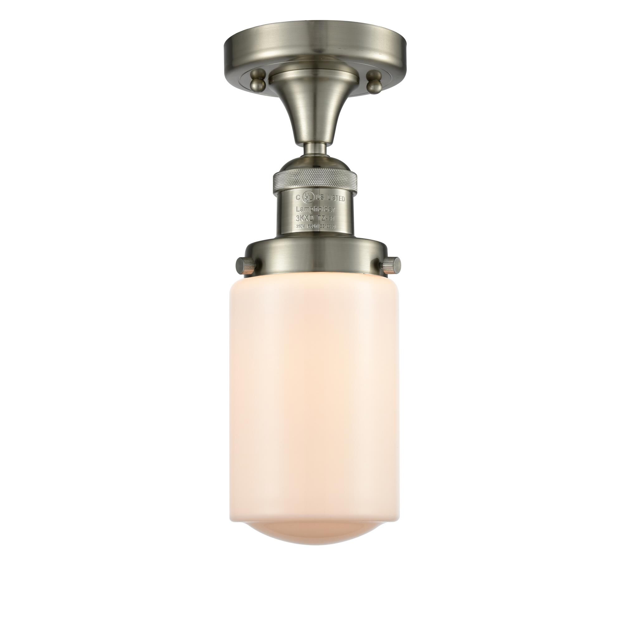 Shown in Brushed Satin Nickel finish and Frosted Matte White Cased Dover glass and Bulb Tint - Amber accent