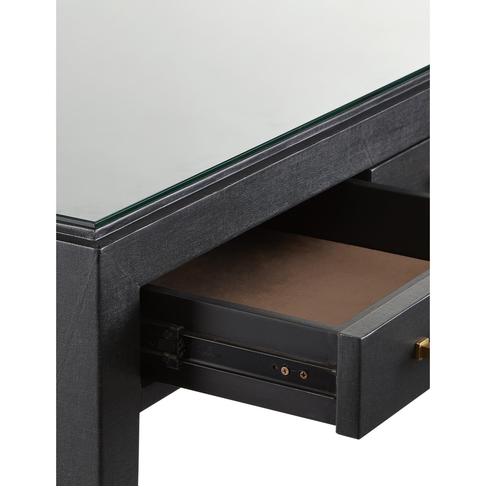 Shown in Black Lacquered Linen/Champagne Metal finish