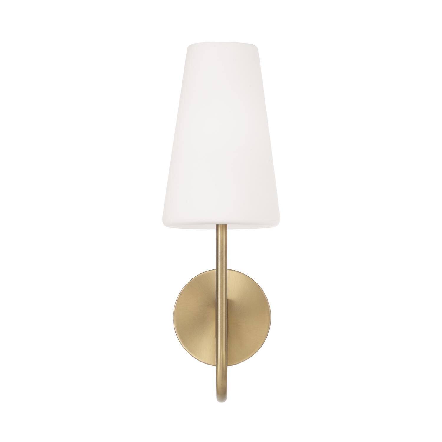 Shown in Aged Brass finish and Soft White glass