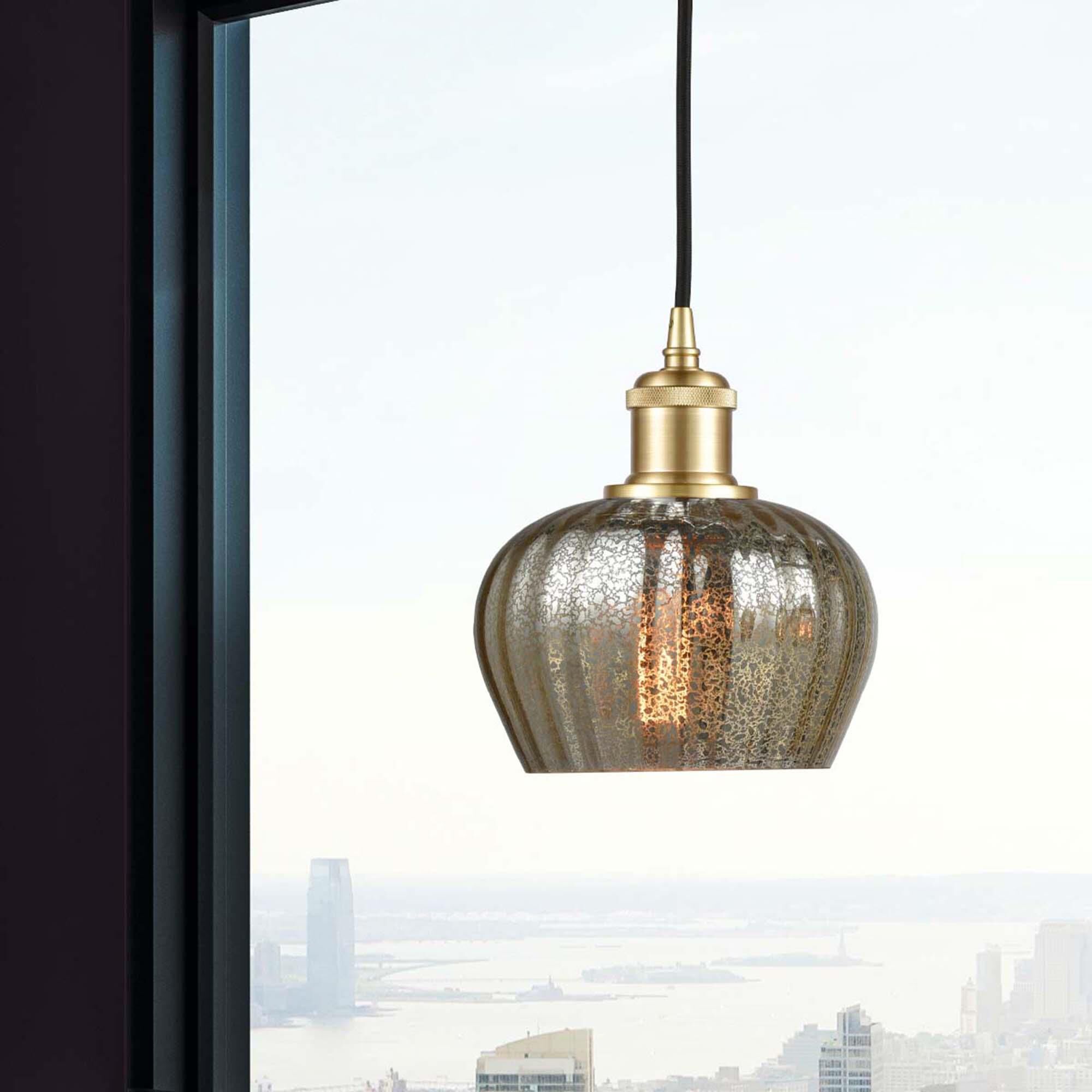 Shown in Satin Gold finish and Mercury Fenton glass and Matte Black Smithfield shade and Polished Chrome accent