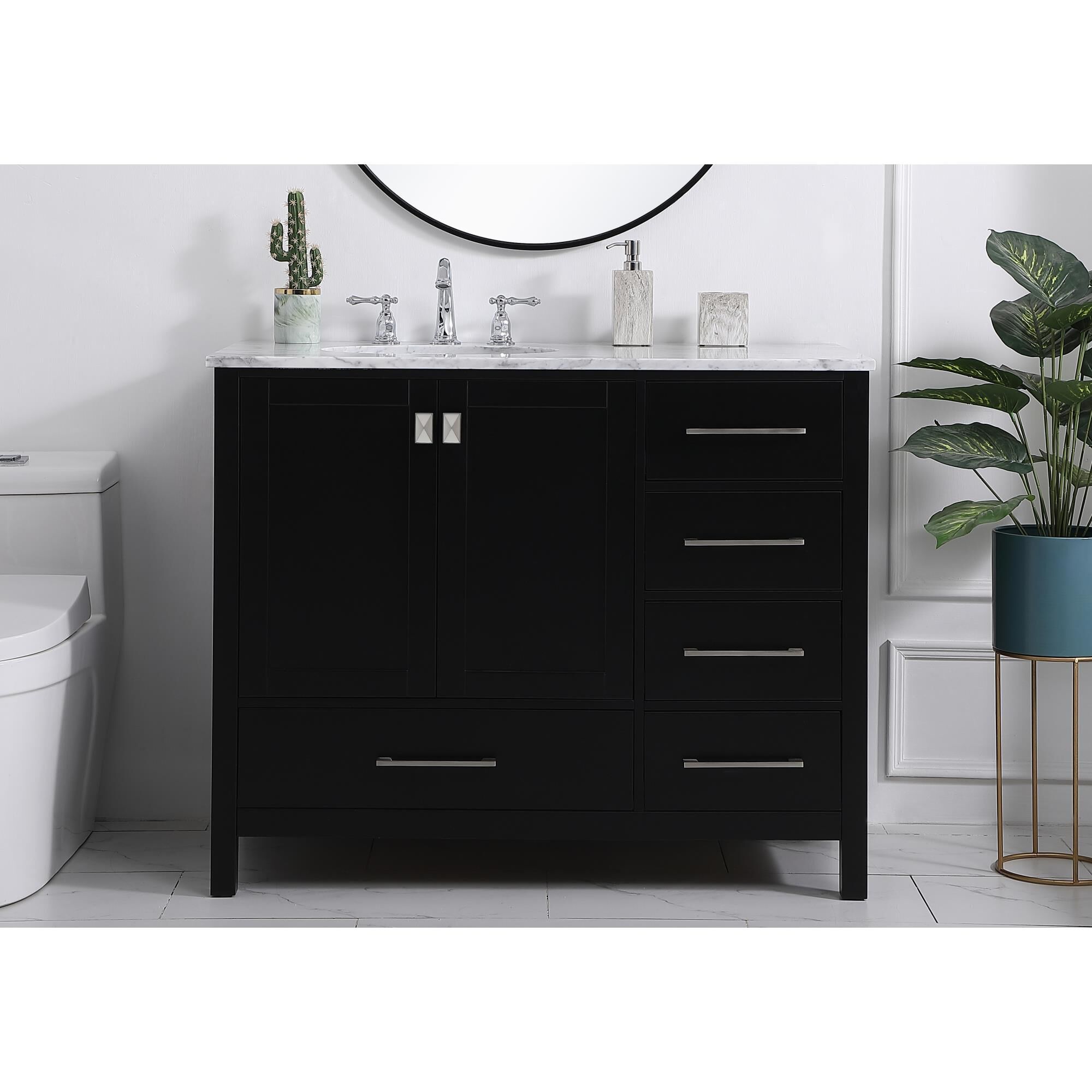 Shown in Black And Brushed Nickel With Carrara White Marble finish