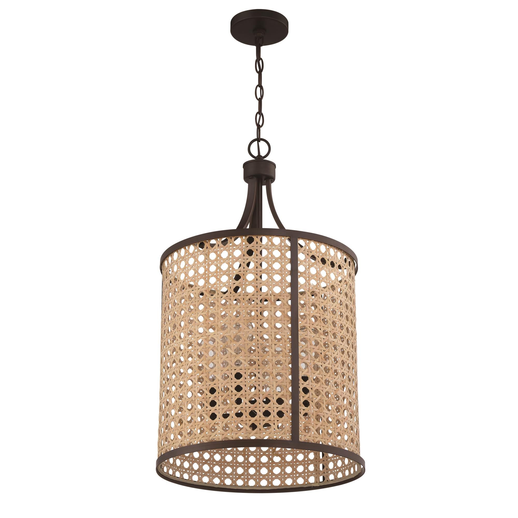 Shown in Aged Bronze Brushed finish and Natural glass and Rattan shade