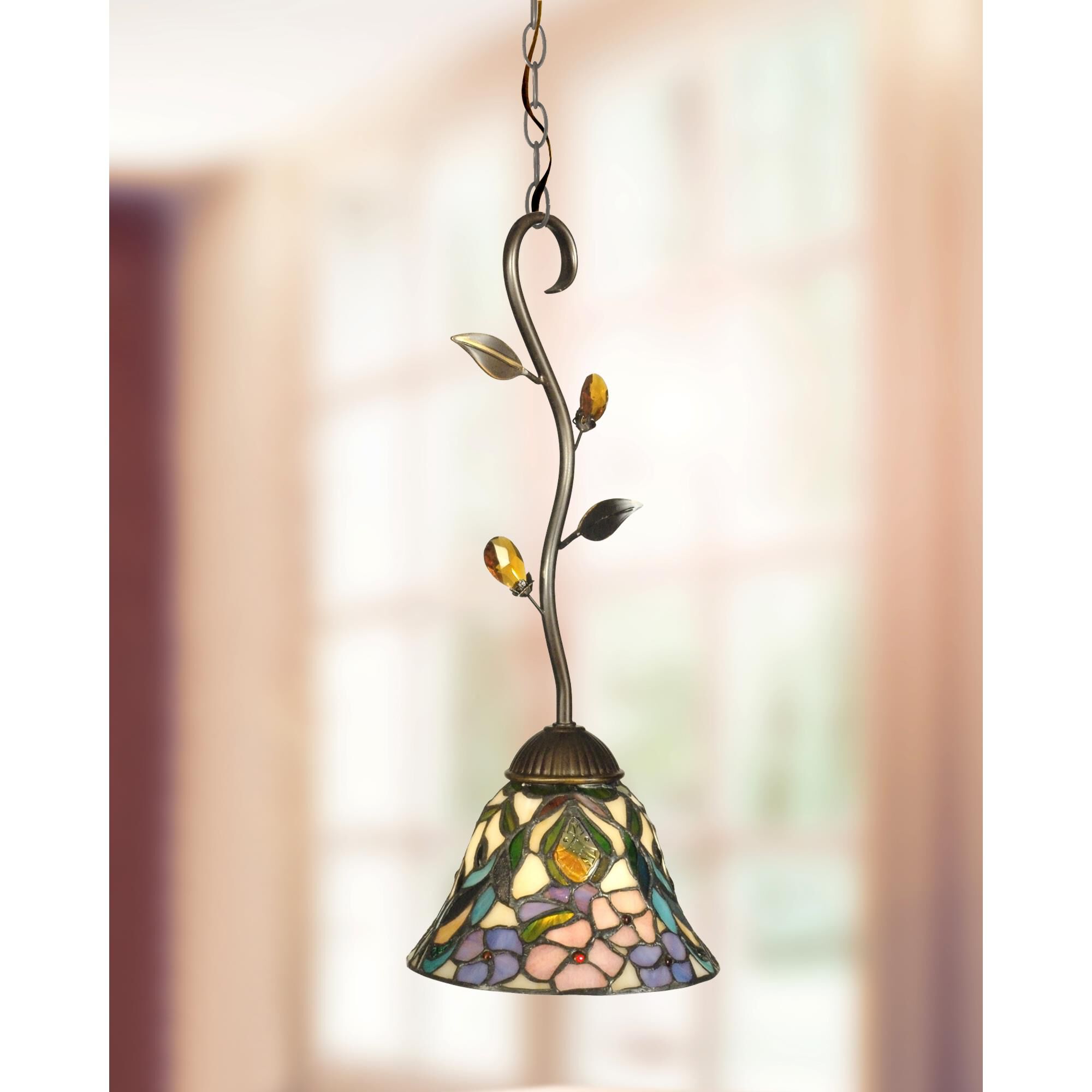 Shown in Antique Golden Sand finish and Tiffany glass