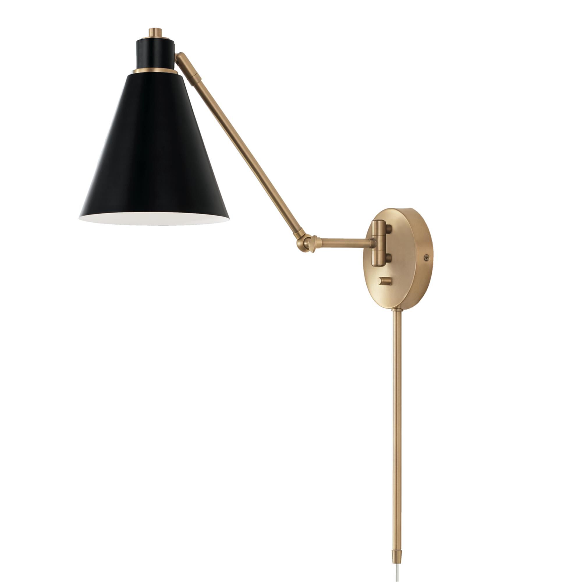 Shown in Aged Brass and Black finish and Black Metal  with White Interior shade