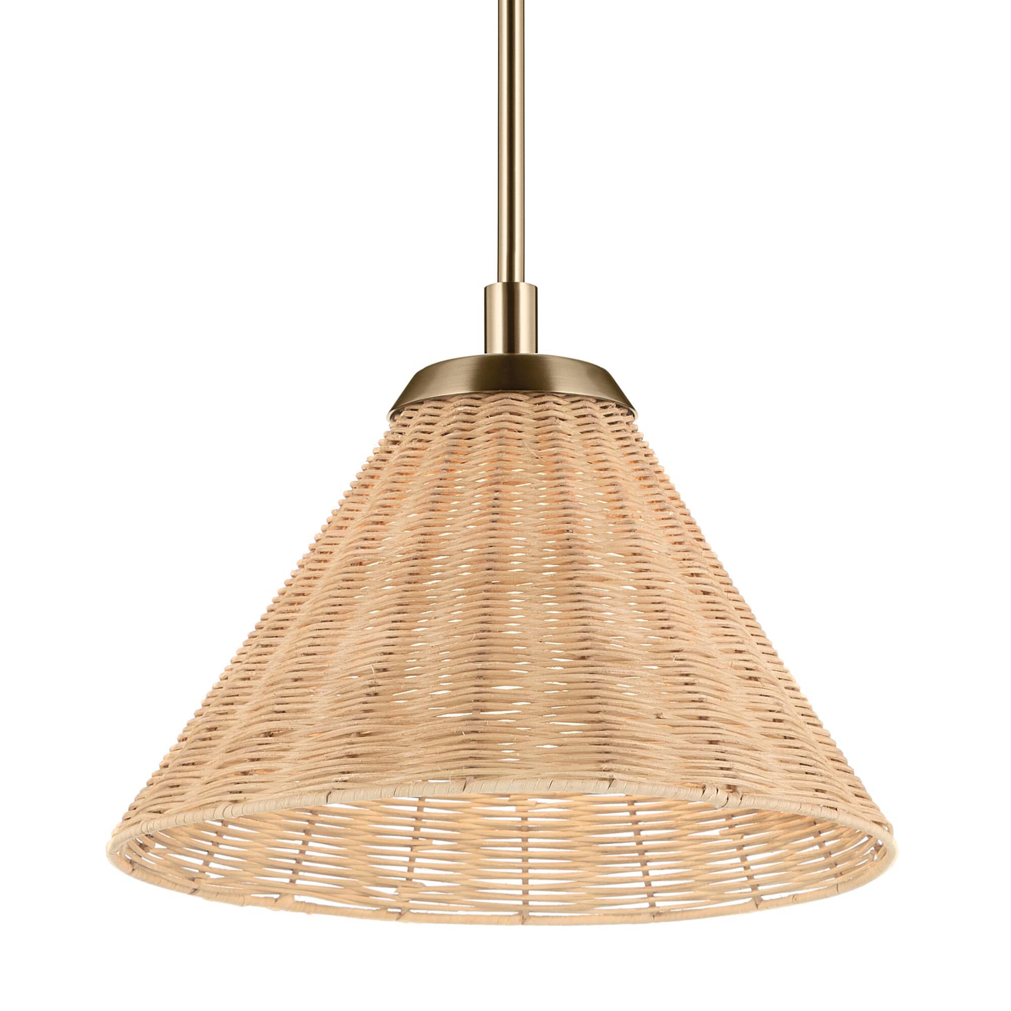 Shown in Champagne Bronze finish and Opal glass and Rattan Textured shade