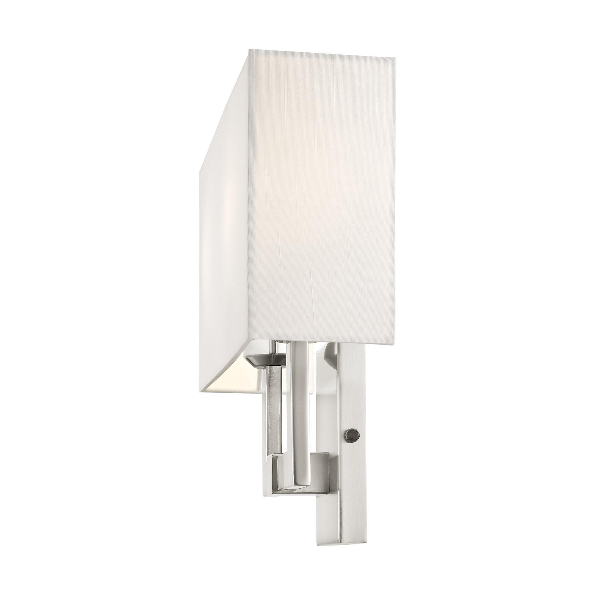 Shown in Brushed Nickel finish and Hand Crafted Off White Fabric Hardback shade