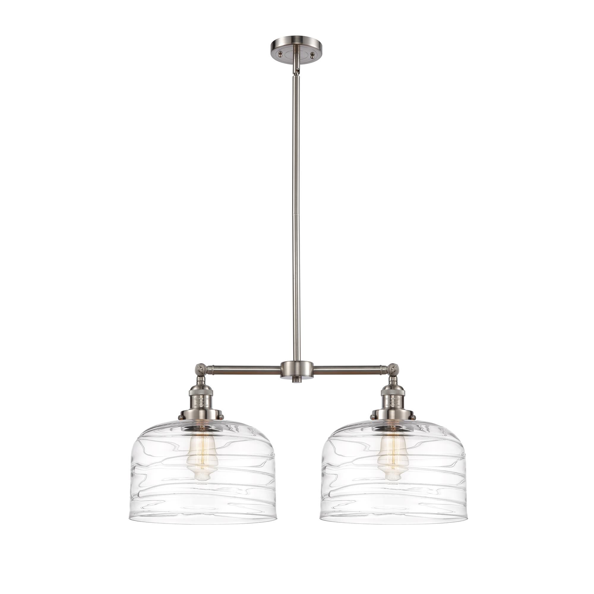 Shown in Brushed Satin Nickel finish and Clear Deco Swirl X-Large Bell glass