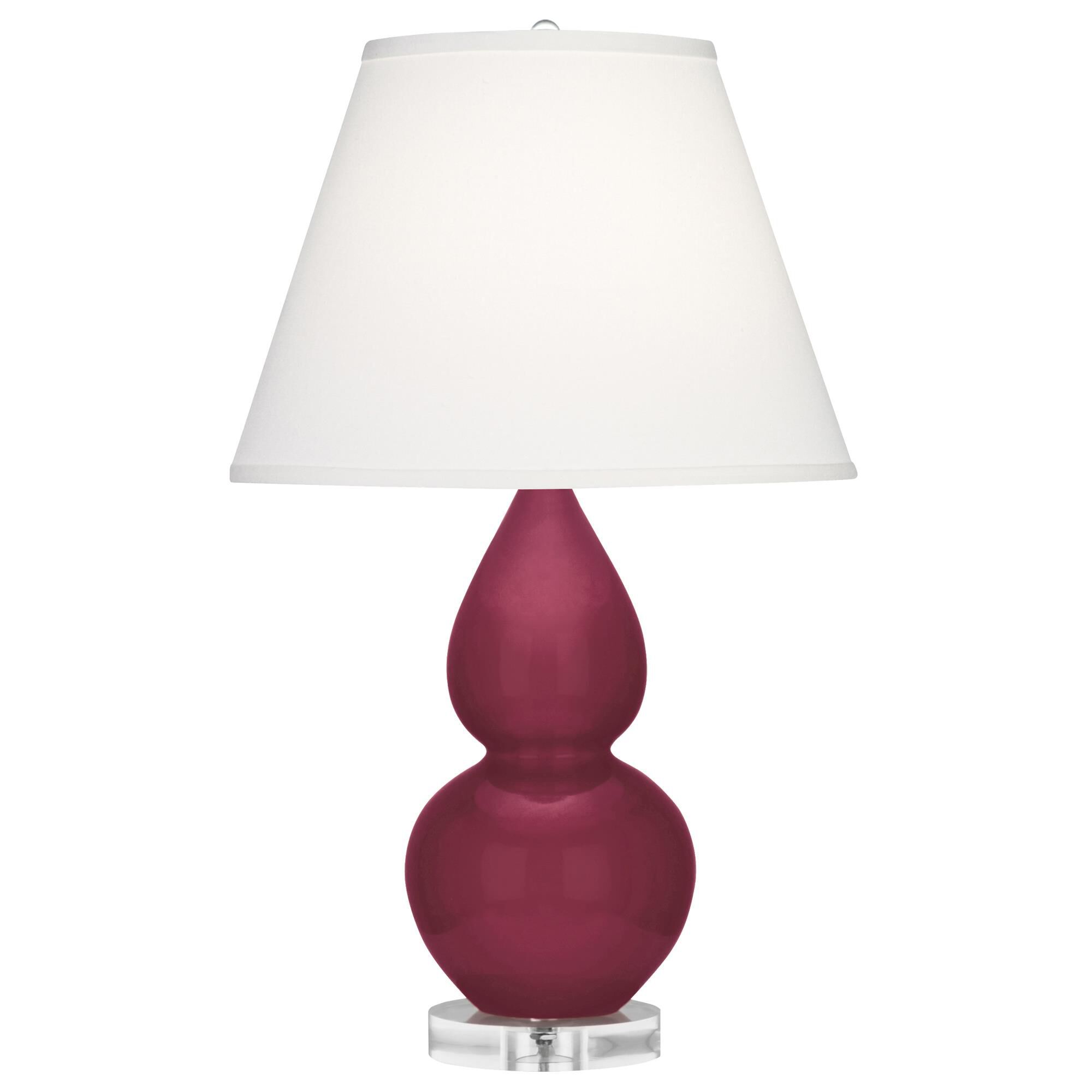 Shown in Sugar Plum finish and Pearl Dupioni shade and Lucite accent