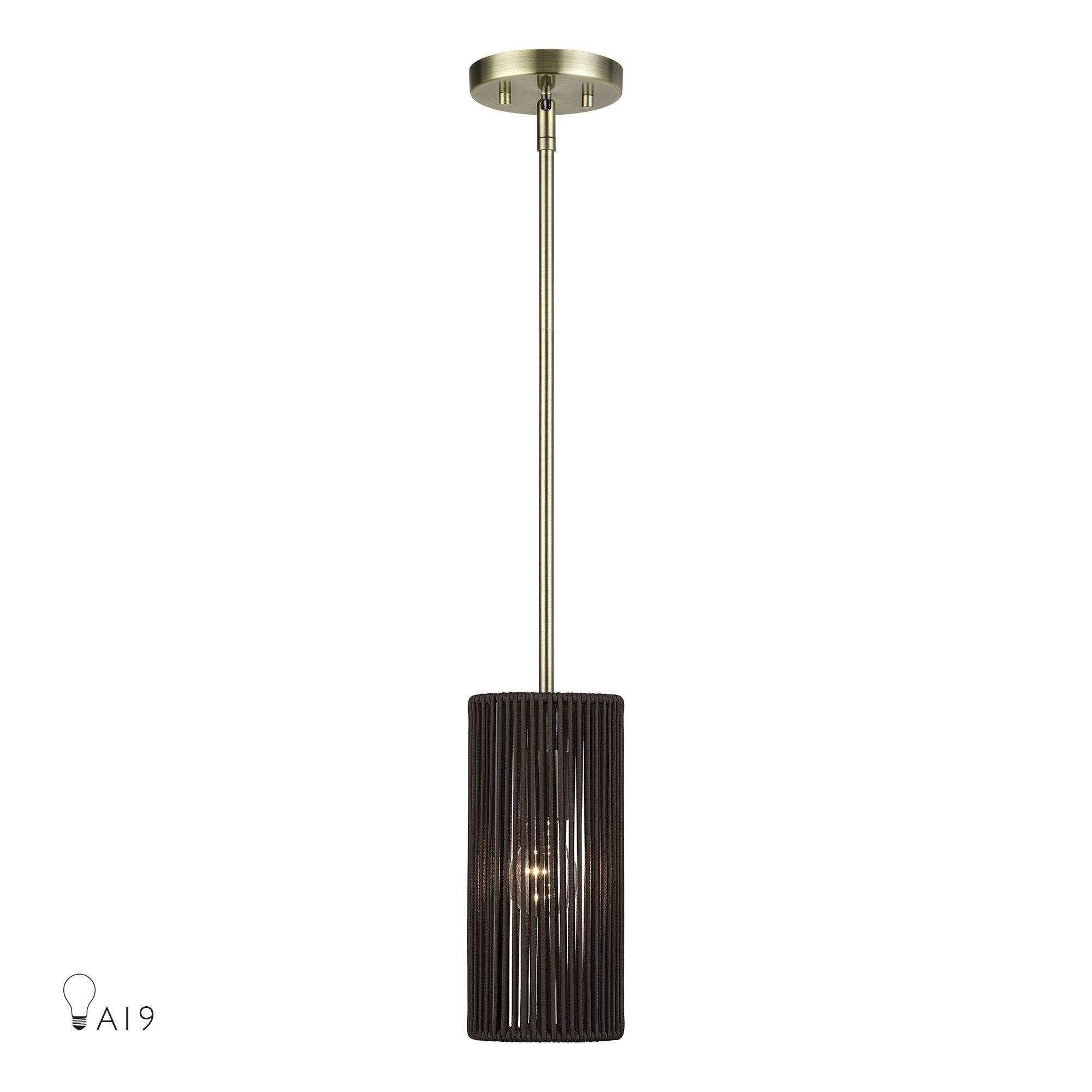 Shown in Antique Brass finish and Hand-Woven Dark Chocolate Color Polyester Rope shade