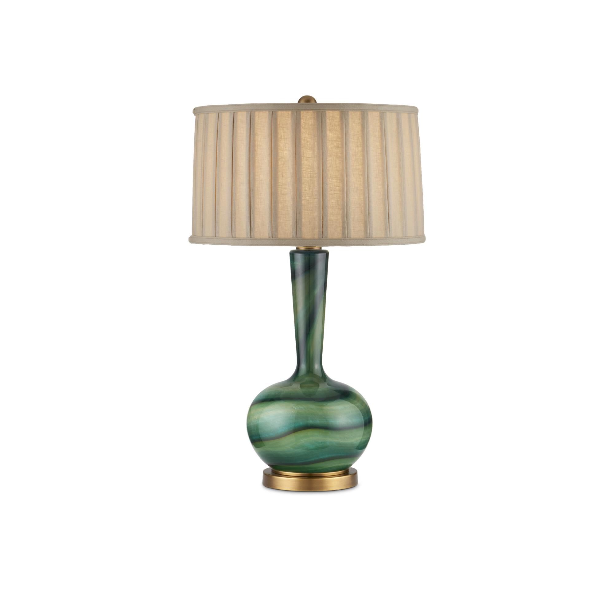 Shown in Green/Antique Brass finish and Beige Linen shade