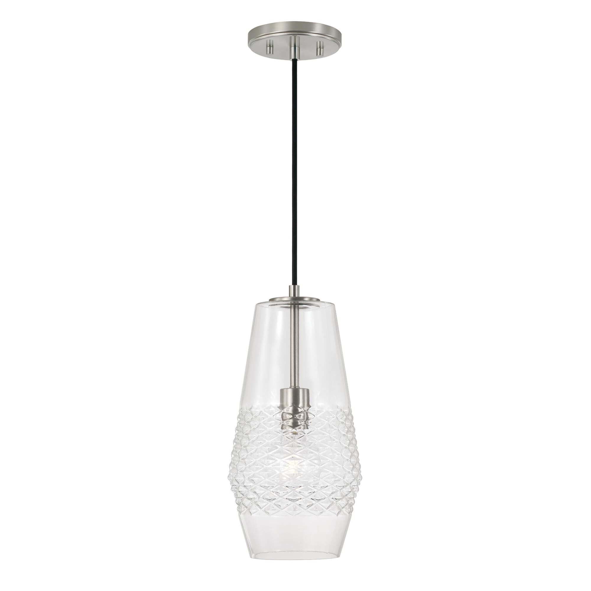 Shown in Brushed Nickel finish and Diamond Embossed glass