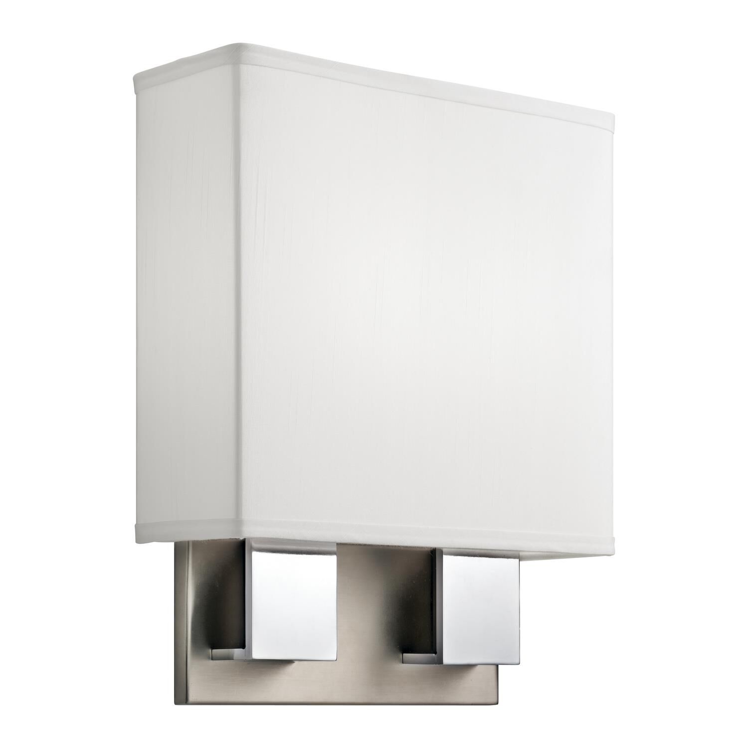 Shown in Brushed Nickel & Chrome finish and White Acrylic glass and White Linen shade
