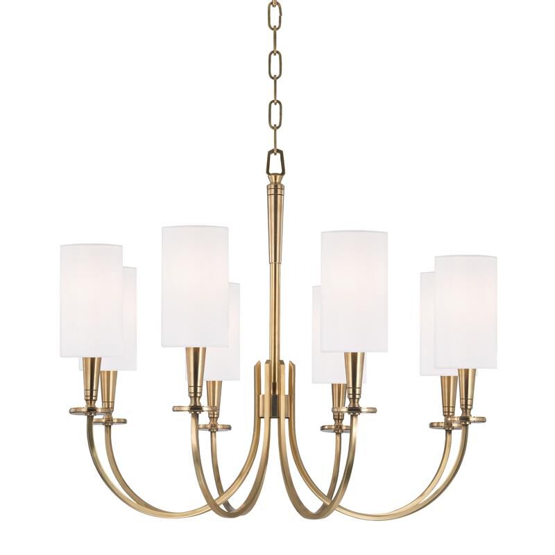 Shown in Aged Brass finish and White Faux Silk shade