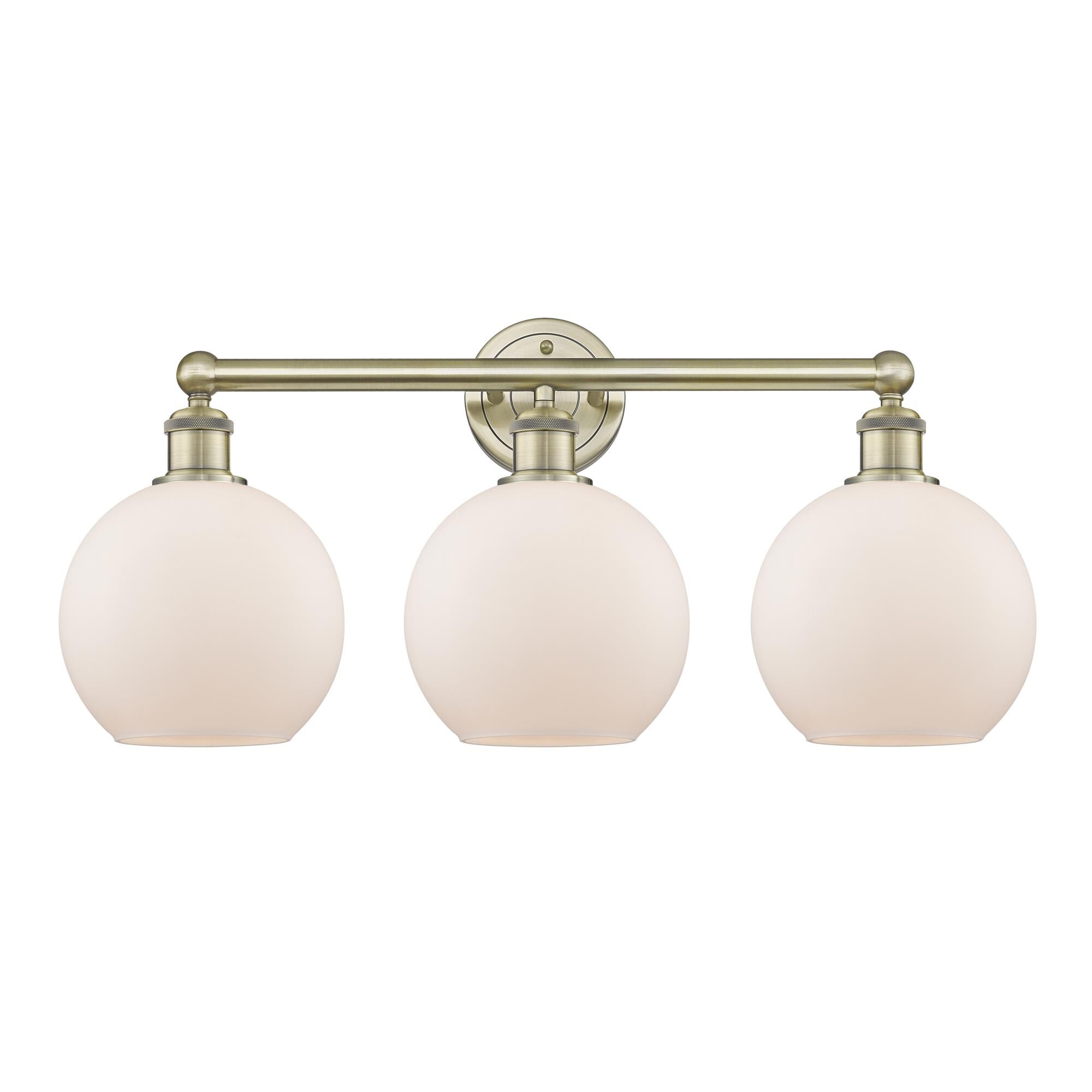 Shown in Antique Brass finish and Matte White glass