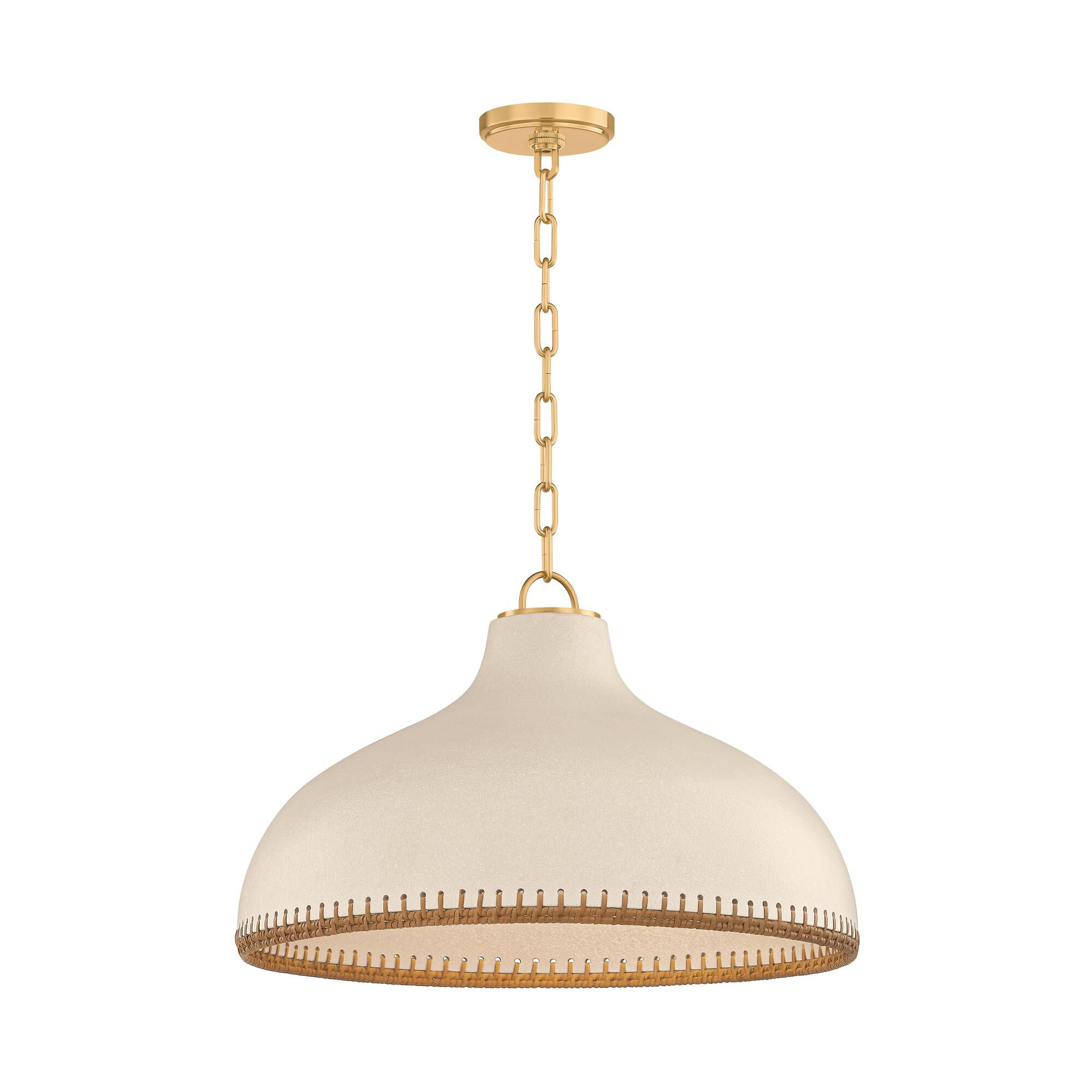 Shown in Aged Brass and Ceramic Cream Pebble finish and Rattan Weave Ceramic shade