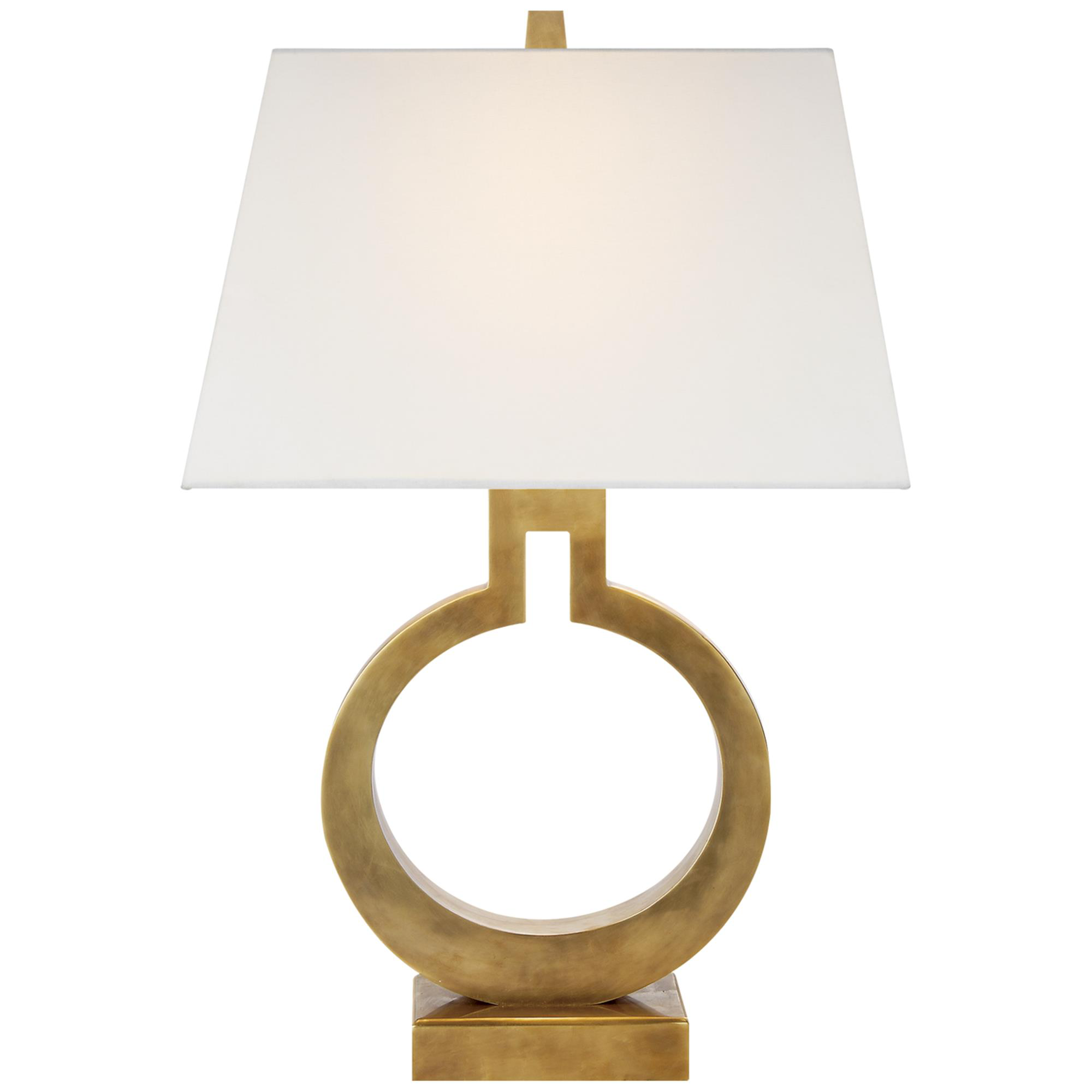 Shown in Antique-Burnished Brass finish and Linen Rectangle shade