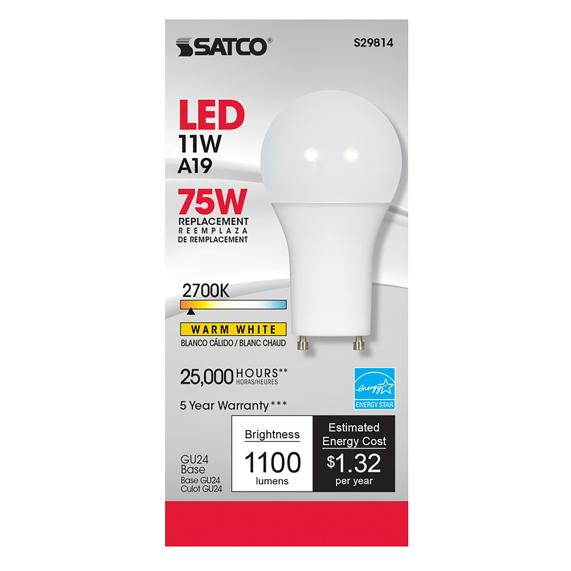 Dimmable 11 Watt 2700K A19 LED Light Bulb by Satco