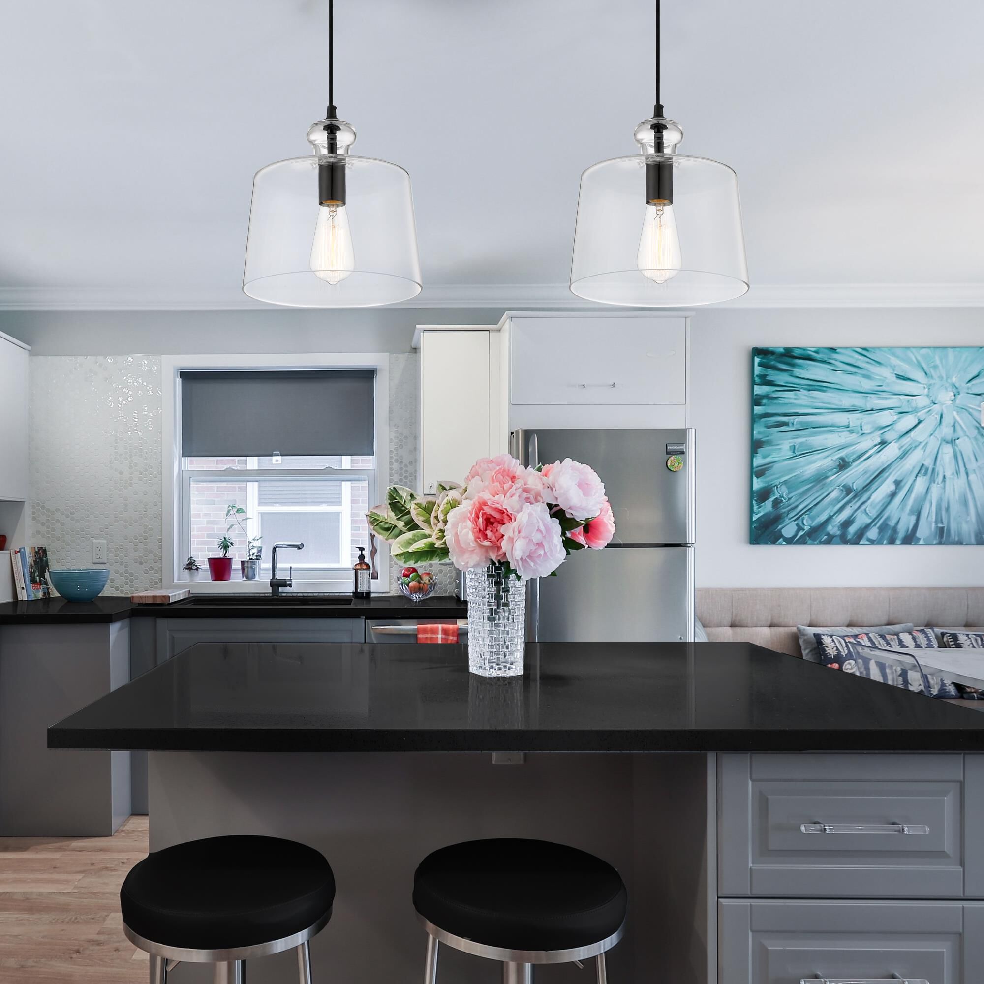 Shown in Coal finish and Clear Seedy glass