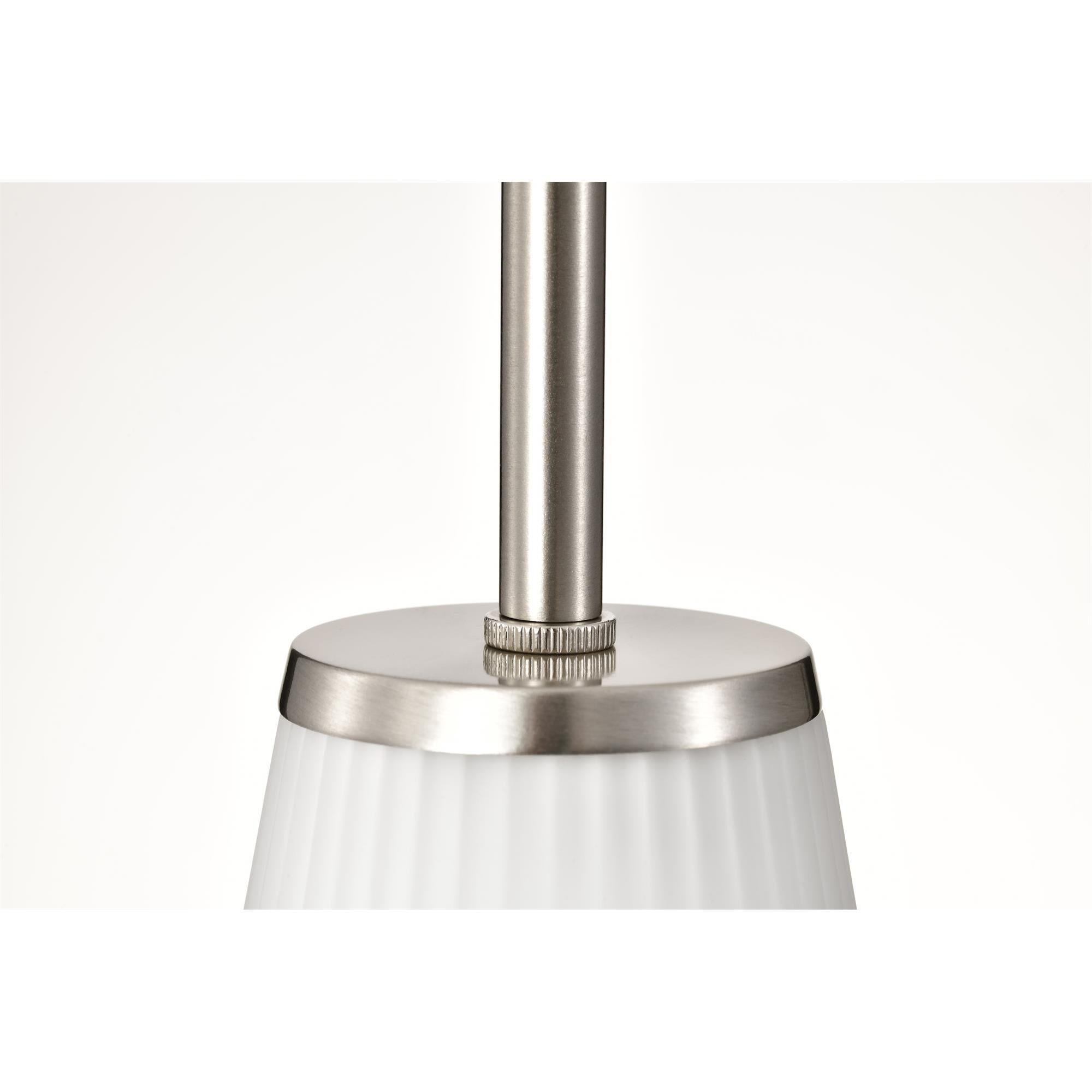 Shown in Brushed Nickel finish and Ribbed White glass