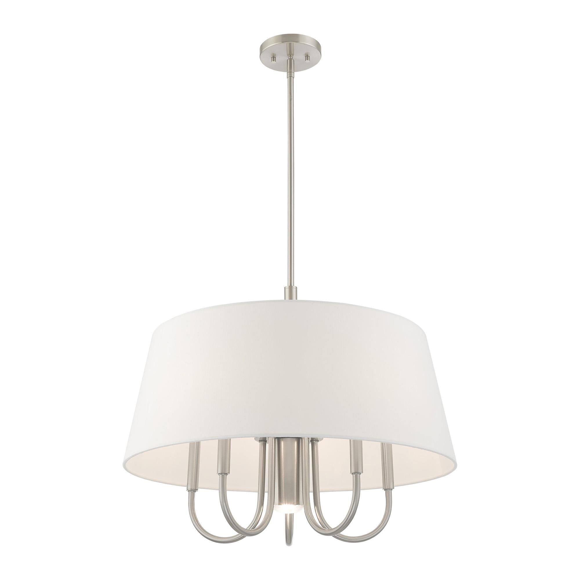 Shown in Brushed Nickel finish and Hand Crafted Off-White Fabric Hardback shade