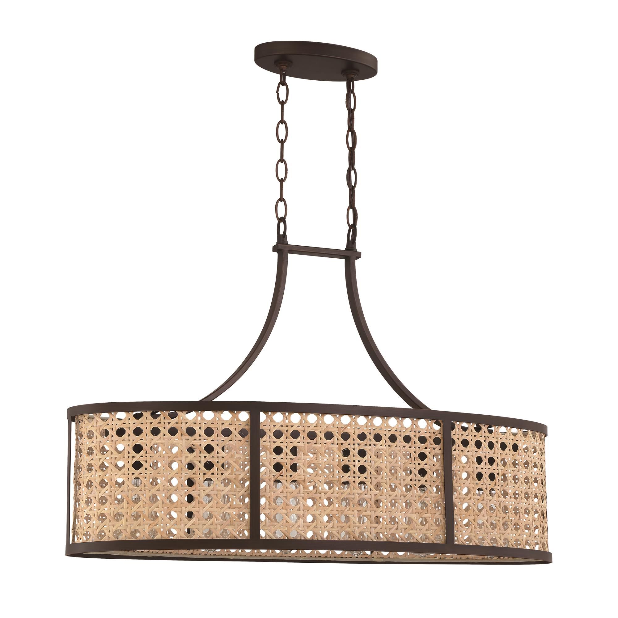 Shown in Aged Bronze Brushed finish and Natural glass and Rattan shade