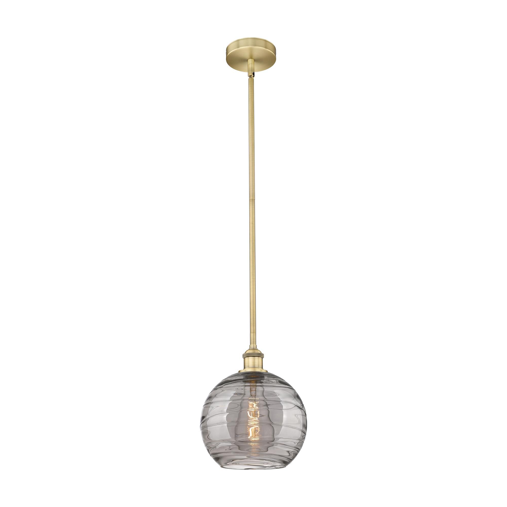 Shown in Brushed Brass finish and Light Smoke Deco Swirl glass