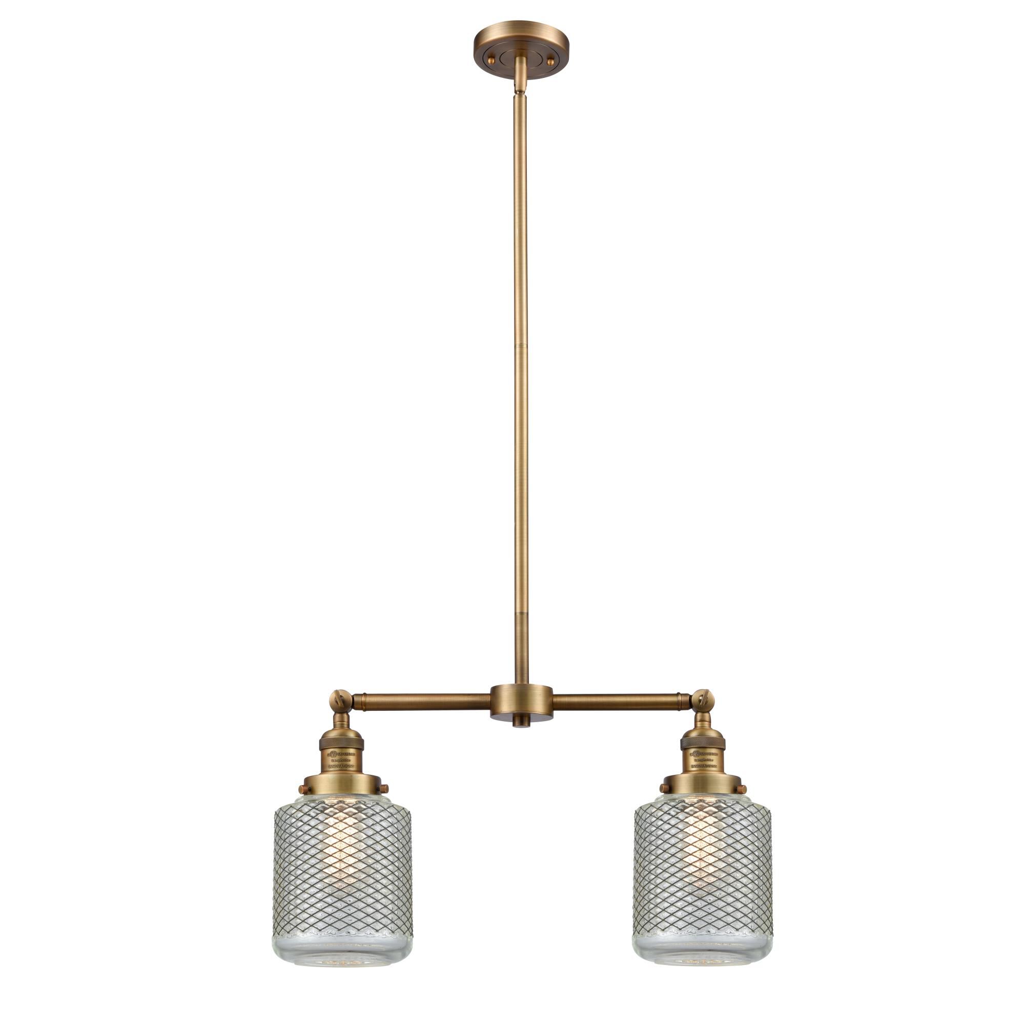 Shown in Brushed Brass finish and Clear Wire Mesh glass