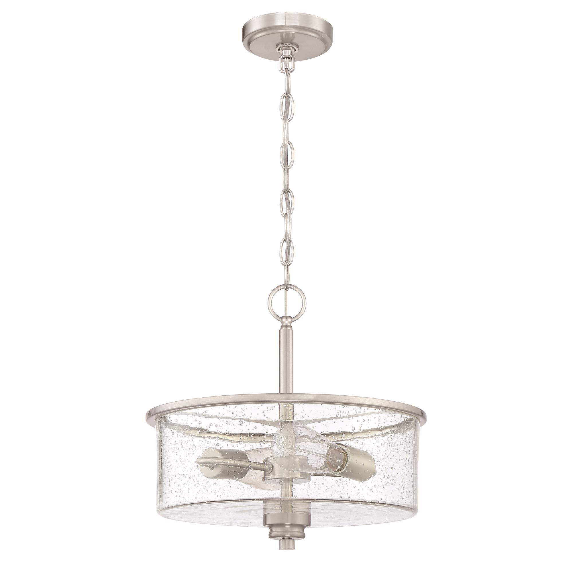 Shown in Brushed Polished Nickel finish and Clear Seeded glass and Glass shade