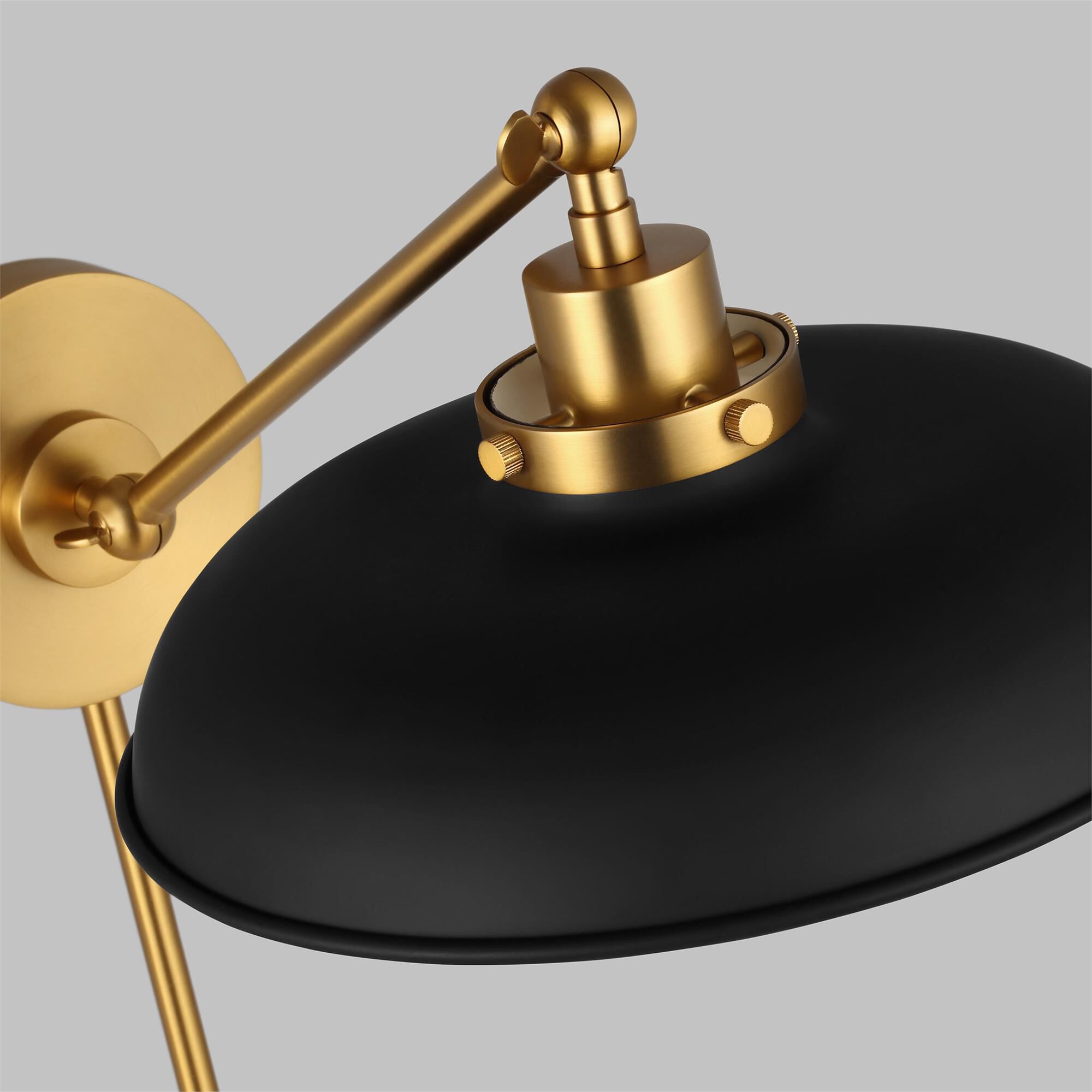 Shown in Midnight Black And Burnished Brass finish and Midnight Black Steel shade