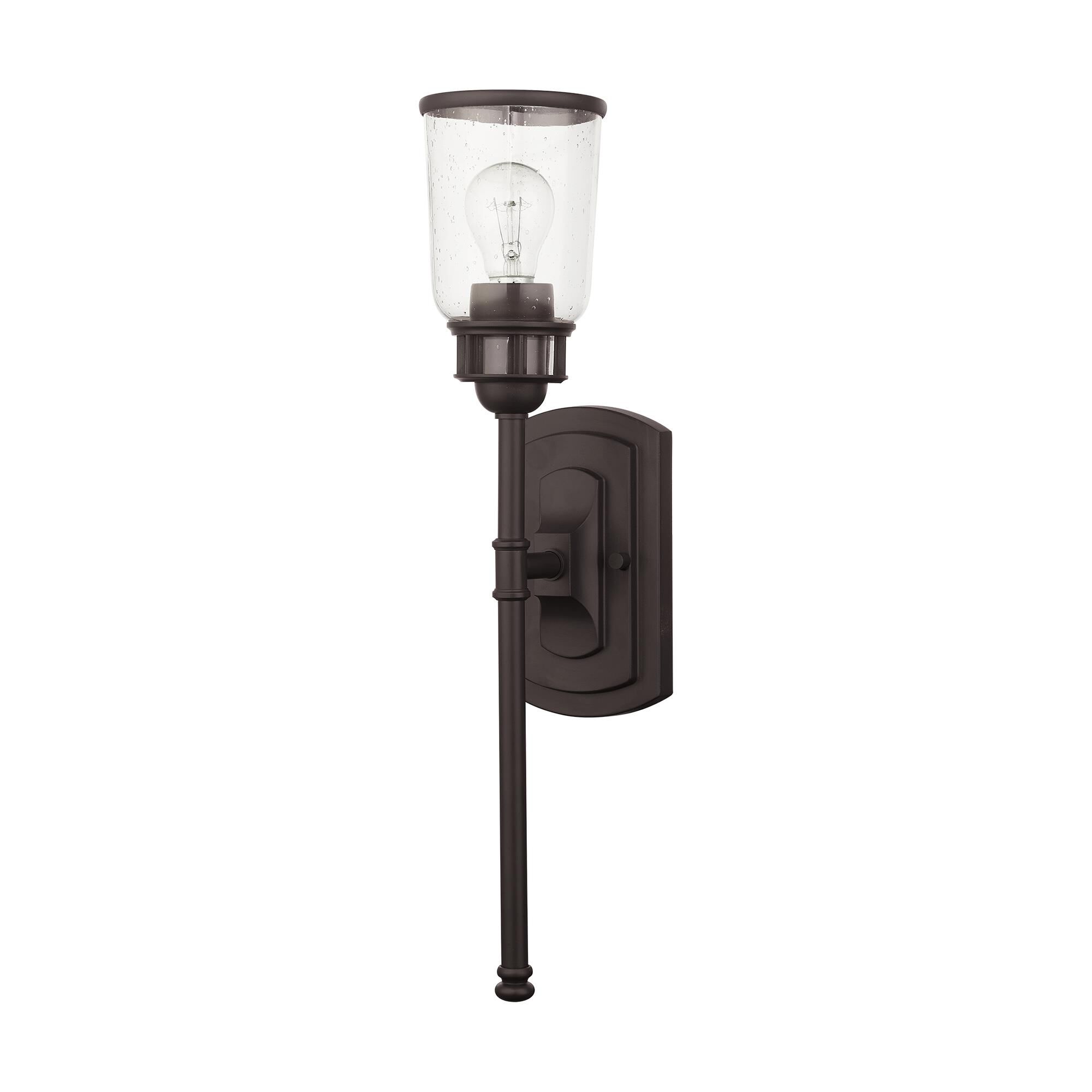Shown in Bronze finish and Hand Blown Clear Seeded glass and Hand Blown Clear Seeded Glass shade