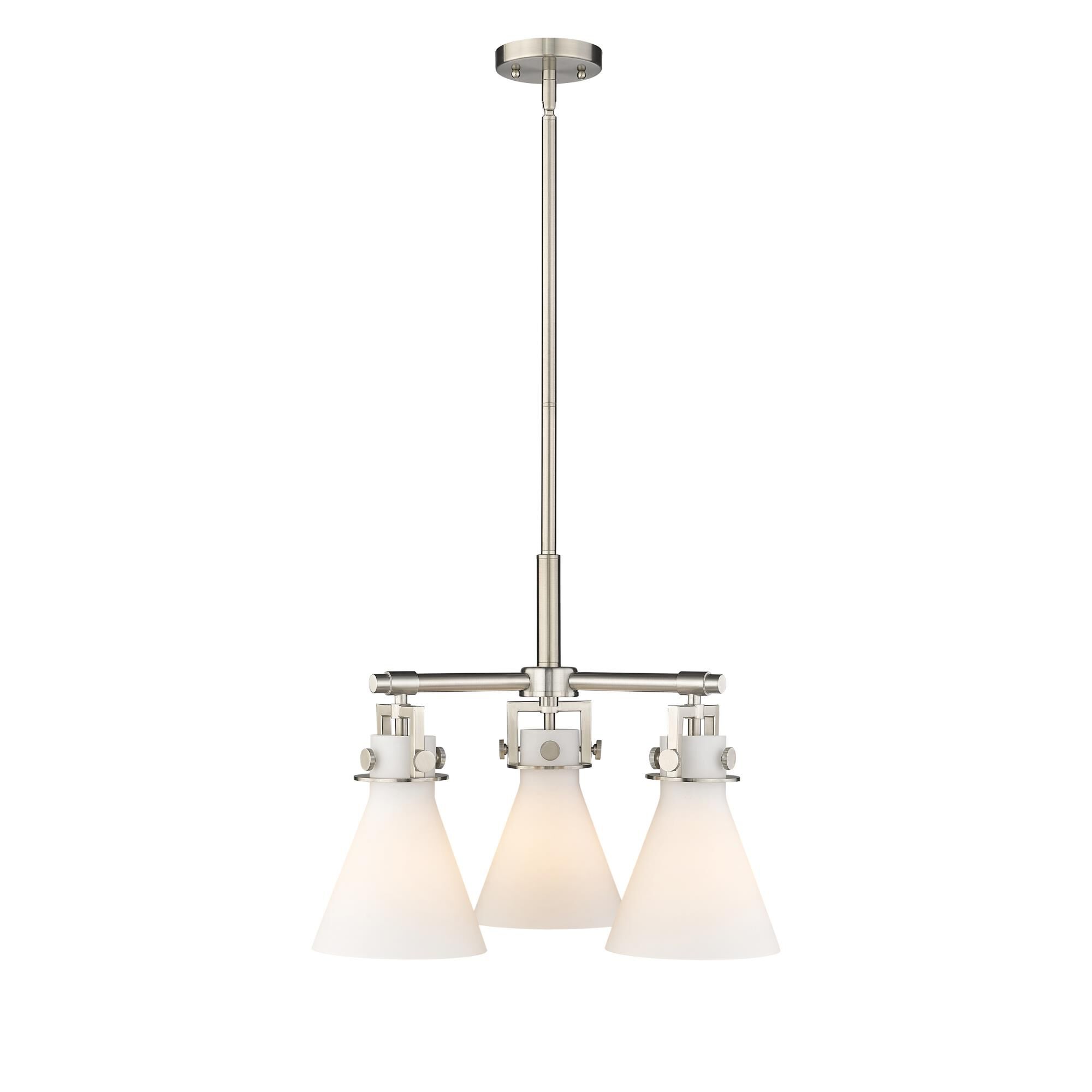 Shown in Satin Nickel finish and Matte White glass