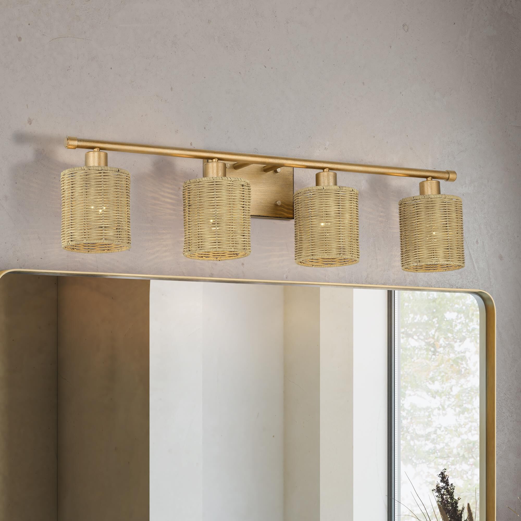 Shown in Antique Gold Leaf finish and Hand-Woven Rustic Walnut Color Rattan shade