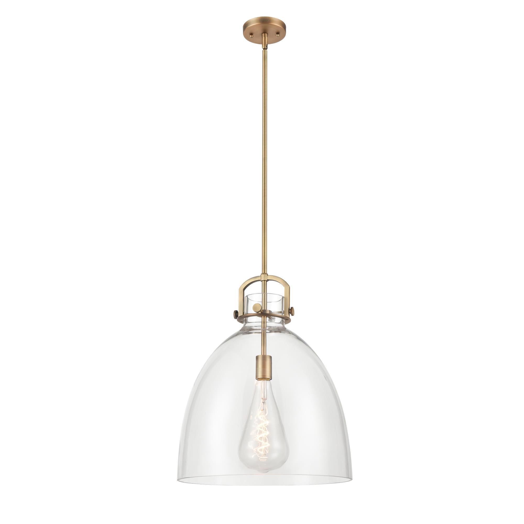 Shown in Brushed Brass finish and Clear Newton Bell glass and No Shade shade