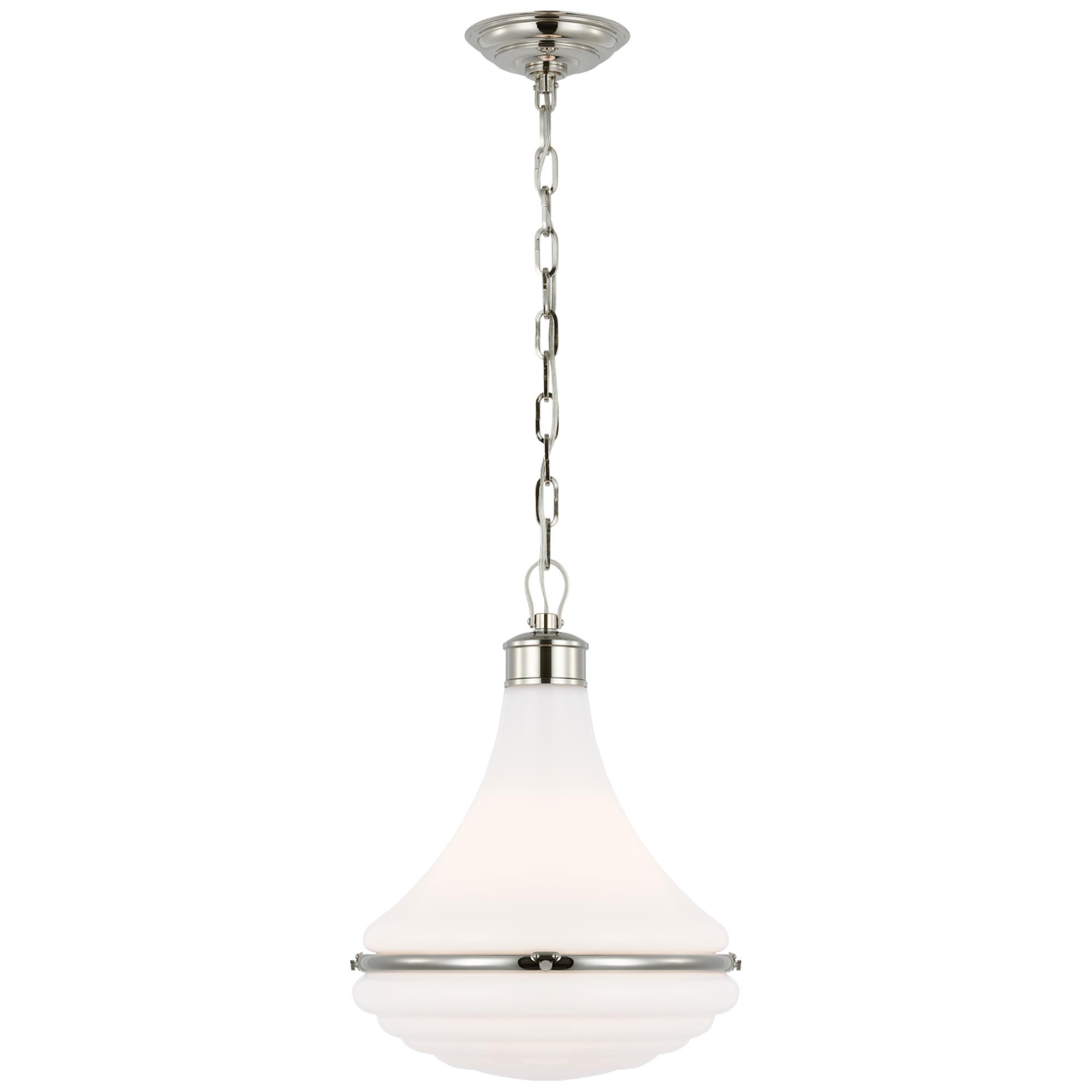 Shown in Polished Nickel finish and White glass