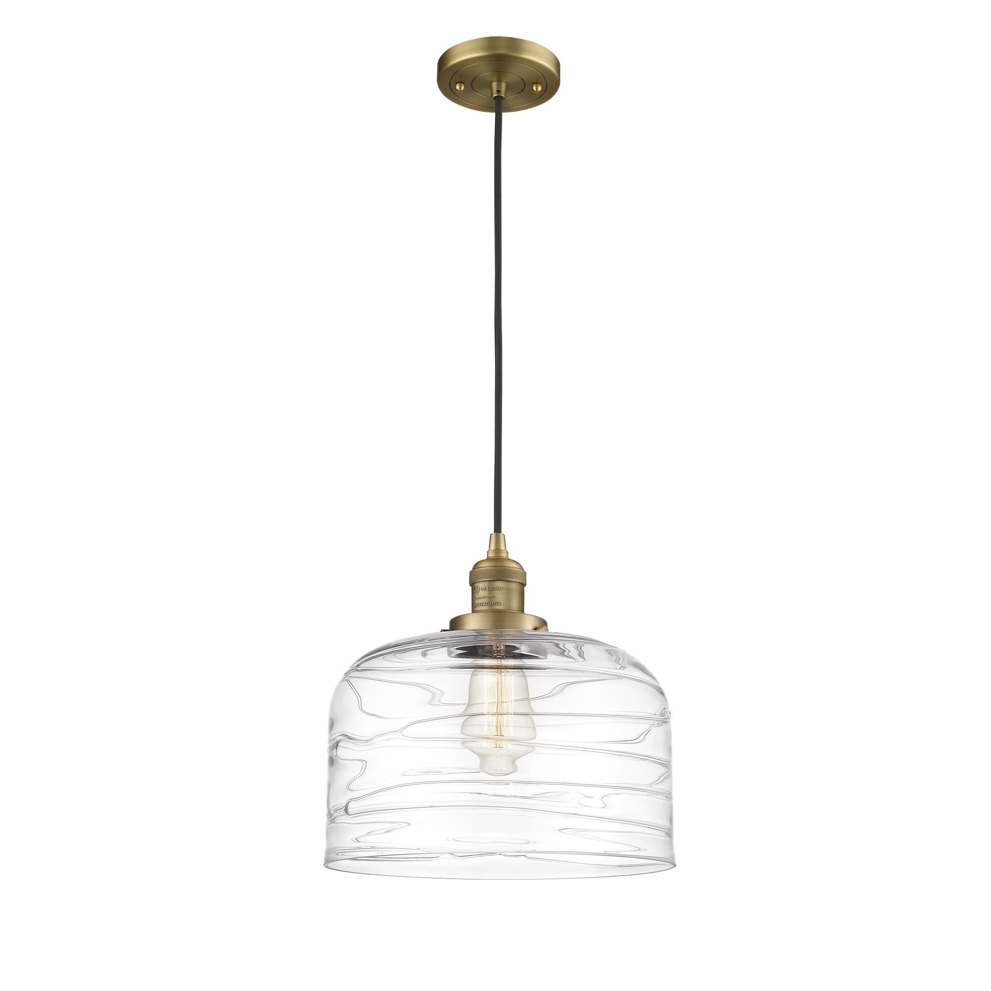 Shown in Brushed Brass finish and Clear Deco Swirl X-Large Bell glass