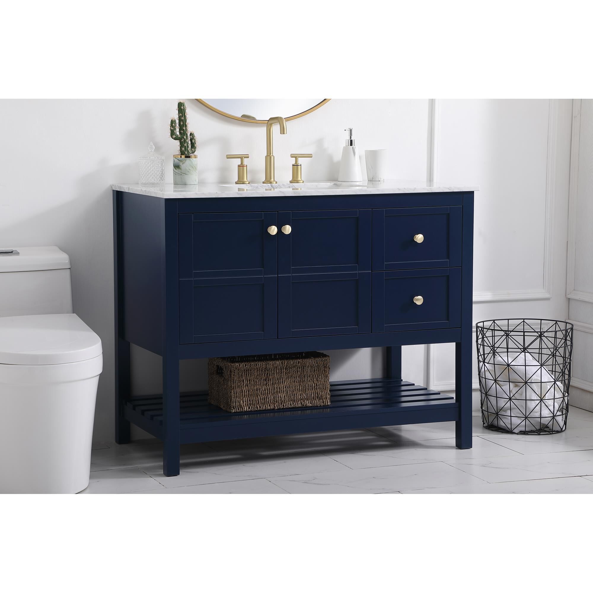 Shown in Blue And Gold With Carrara White Marble finish